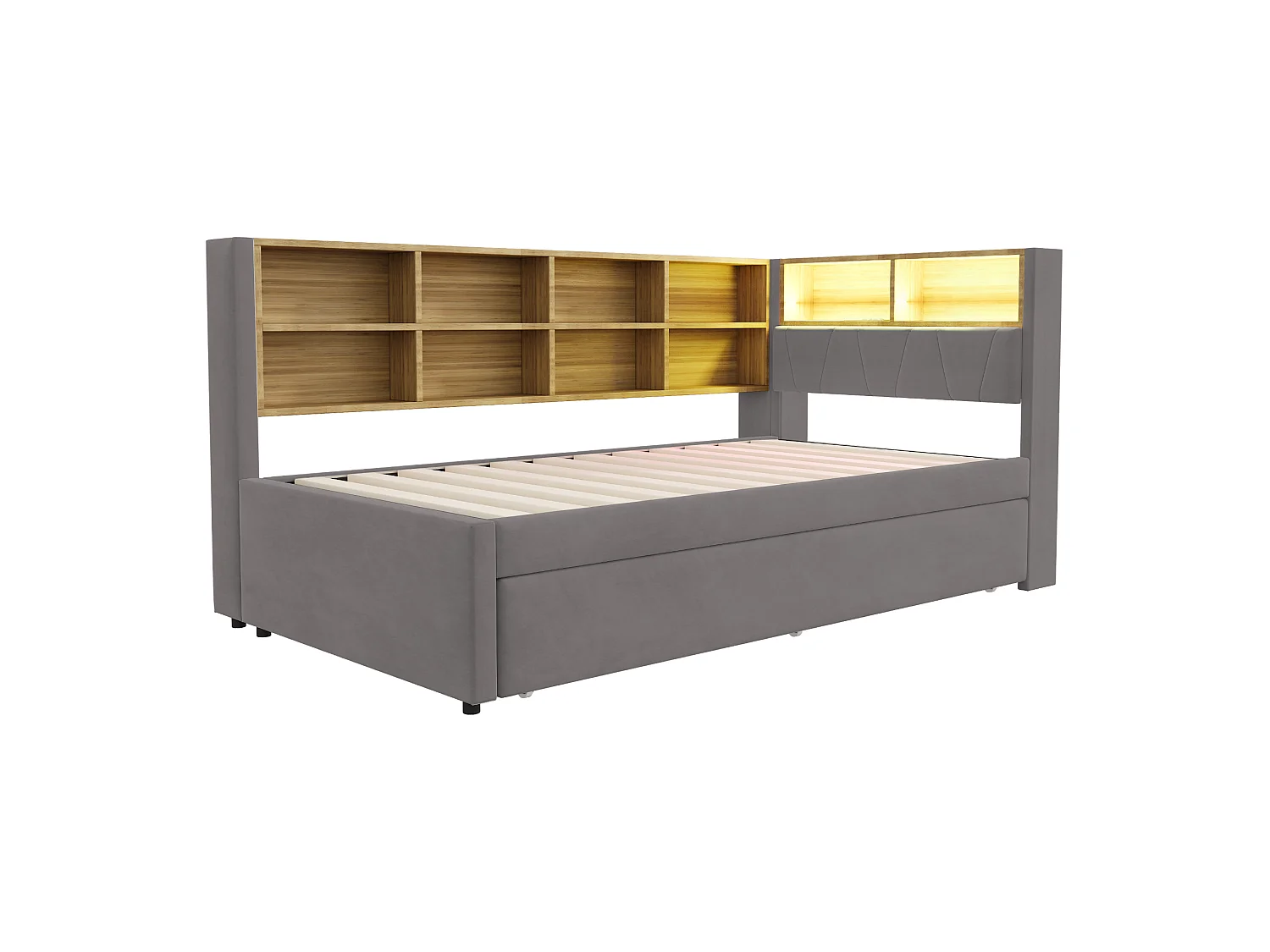 Kinderbed 90x200 cm met LED/USB en opbergplanken, uitschuifbed 90x190 cm, in grijs flanel, zonder matras