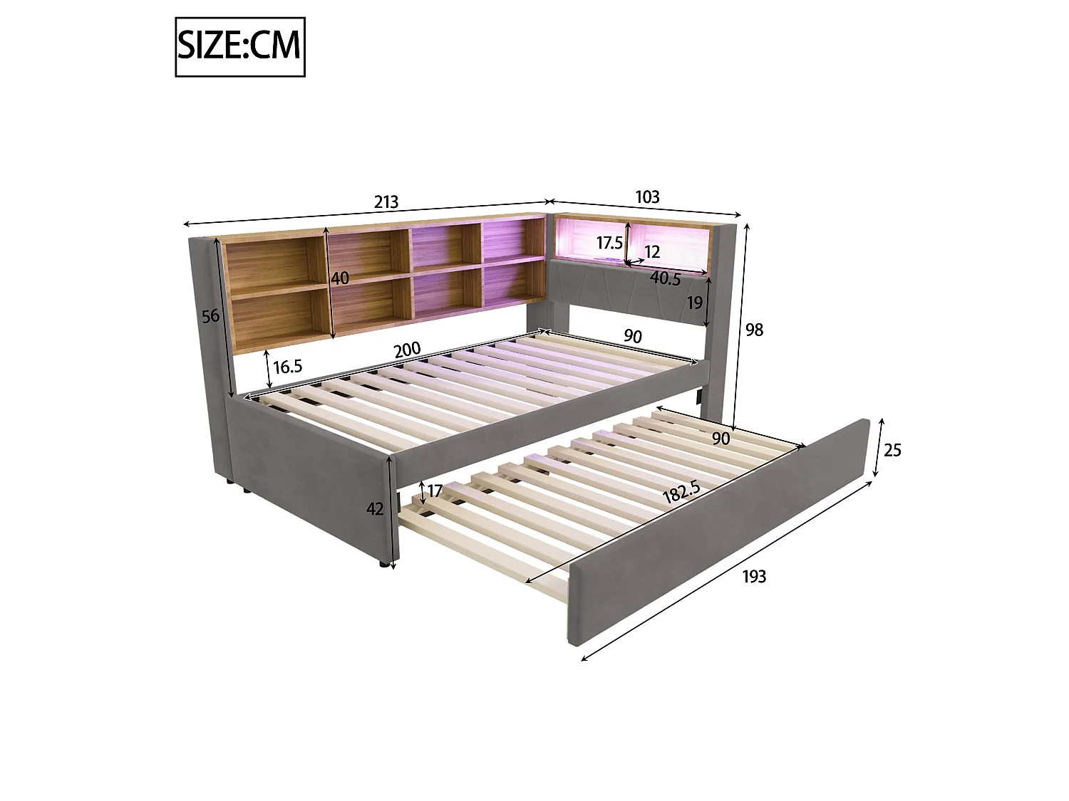 Kinderbed 90x200 cm met LED/USB en opbergplanken, uitschuifbed 90x190 cm, in grijs flanel, zonder matras
