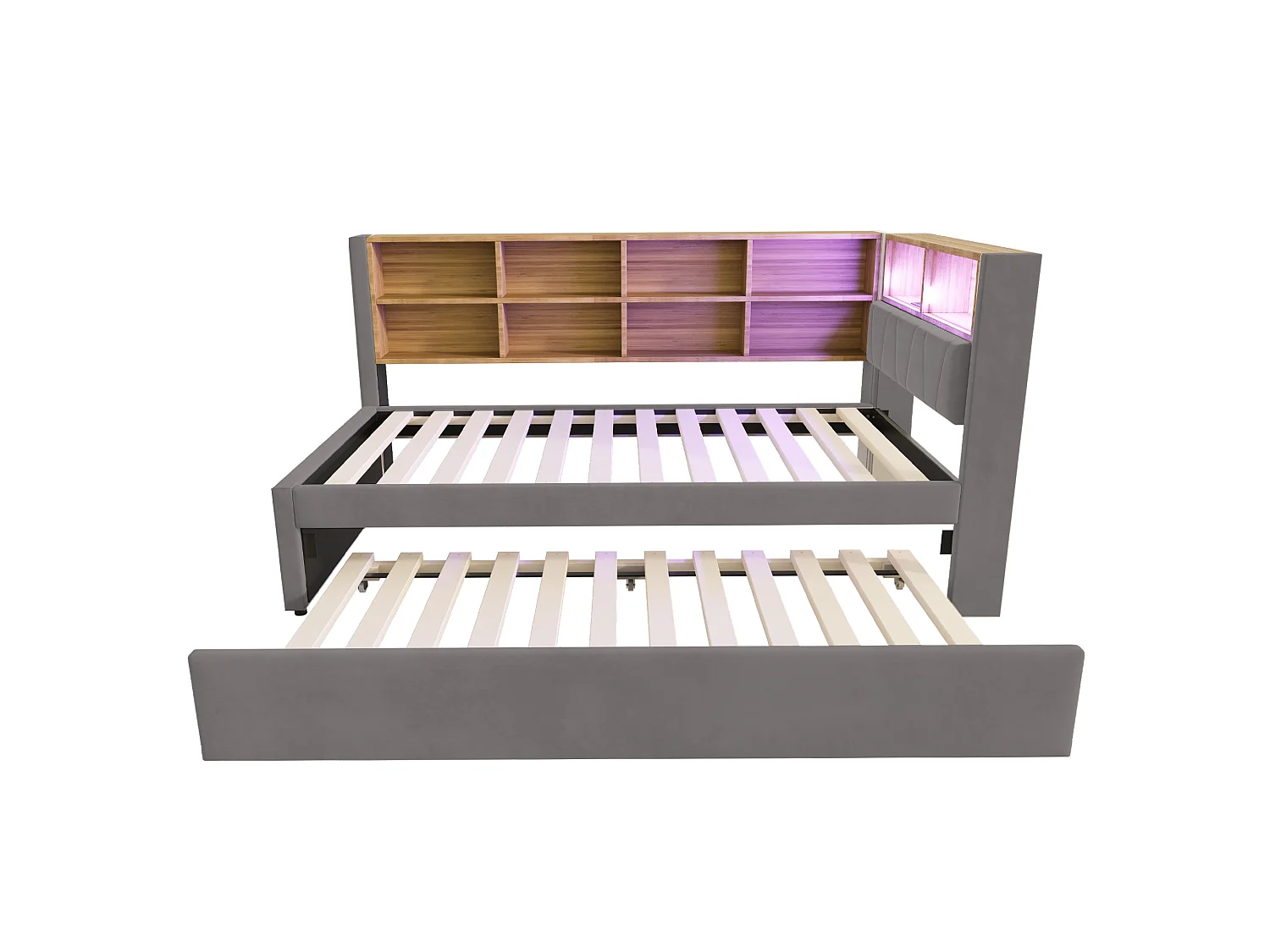 Kinderbed 90x200 cm met LED/USB en opbergplanken, uitschuifbed 90x190 cm, in grijs flanel, zonder matras
