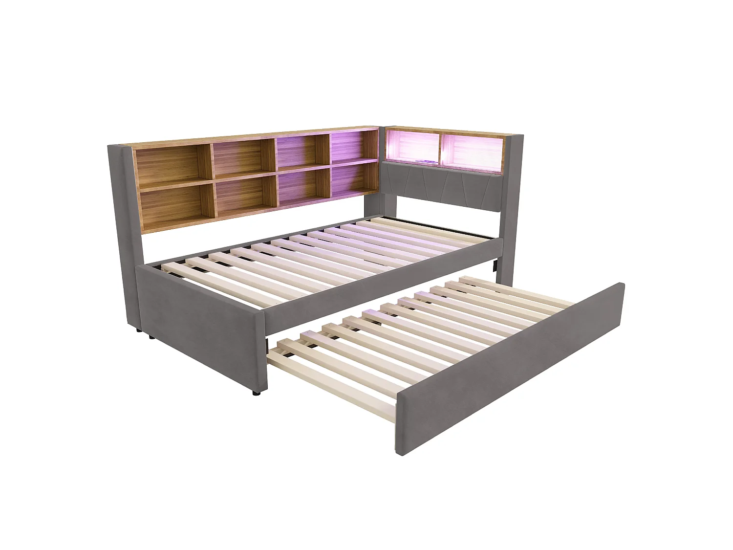 Kinderbed 90x200 cm met LED/USB en opbergplanken, uitschuifbed 90x190 cm, in grijs flanel, zonder matras