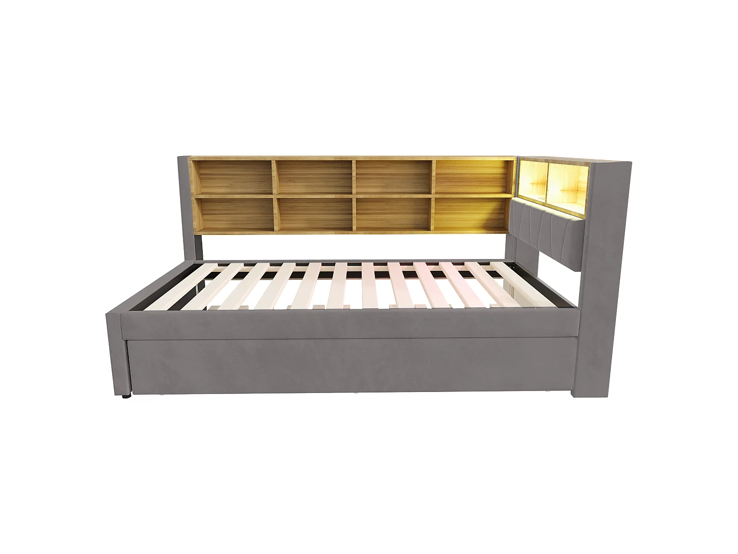 Kinderbed 90x200 cm met LED/USB en opbergplanken, uitschuifbed 90x190 cm, in grijs flanel, zonder matras