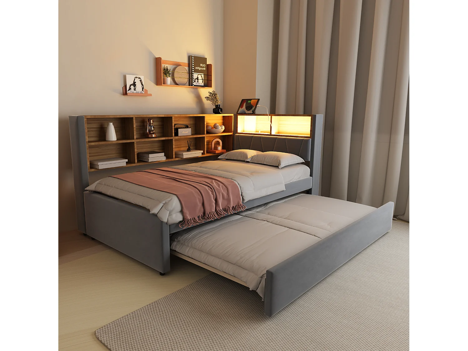 Lit enfant 90x200cm avec LED/USB et étagères de rangement, lit gigogne 90x190cm, en flanelle gris, sans matelas
