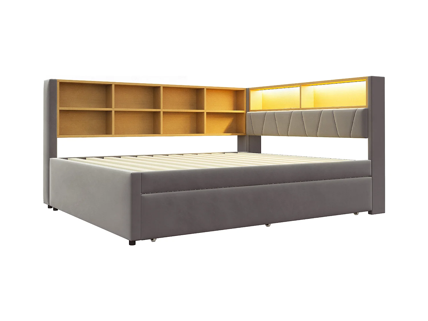 Lit enfant 140x200cm avec LED/USB et étagères de rangement, lit gigogne 90x190cm, en flanelle gris, sans matelas