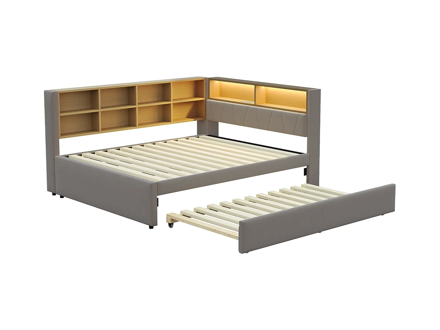 Lit enfant 140x200cm avec LED/USB et étagères de rangement, lit gigogne 90x190cm, en flanelle gris, sans matelas