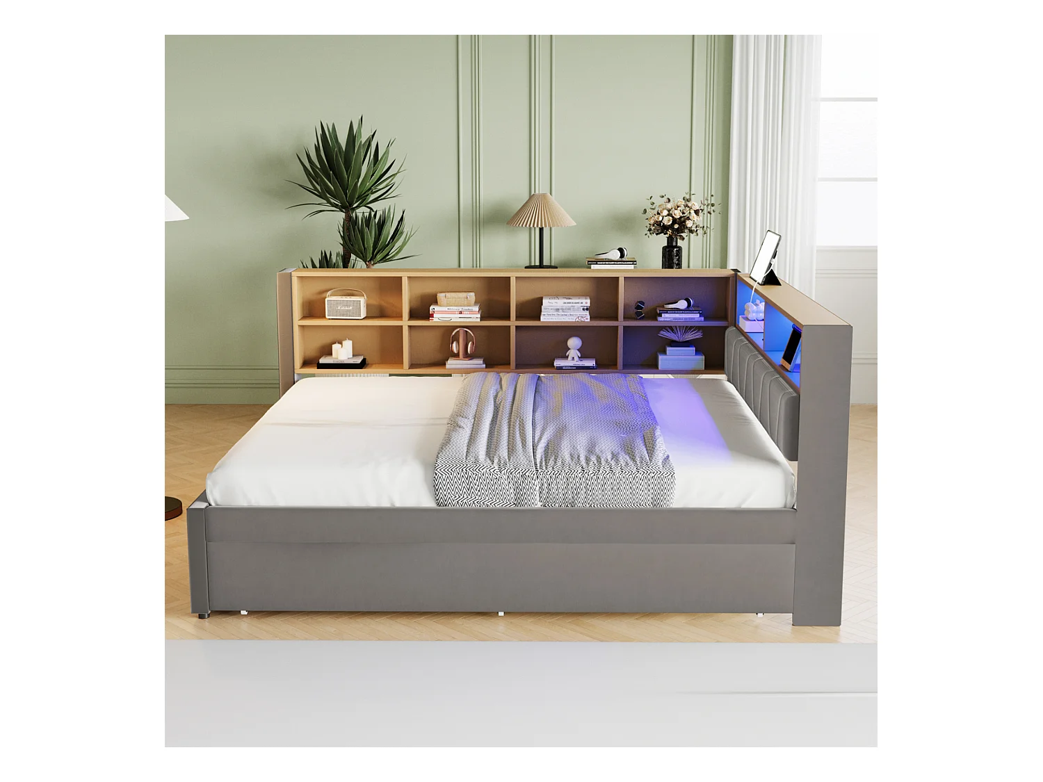 Cama infantil 140x200 cm con LED/USB y estanterías, cama nido 90x190 cm, en franela gris, sin colchón