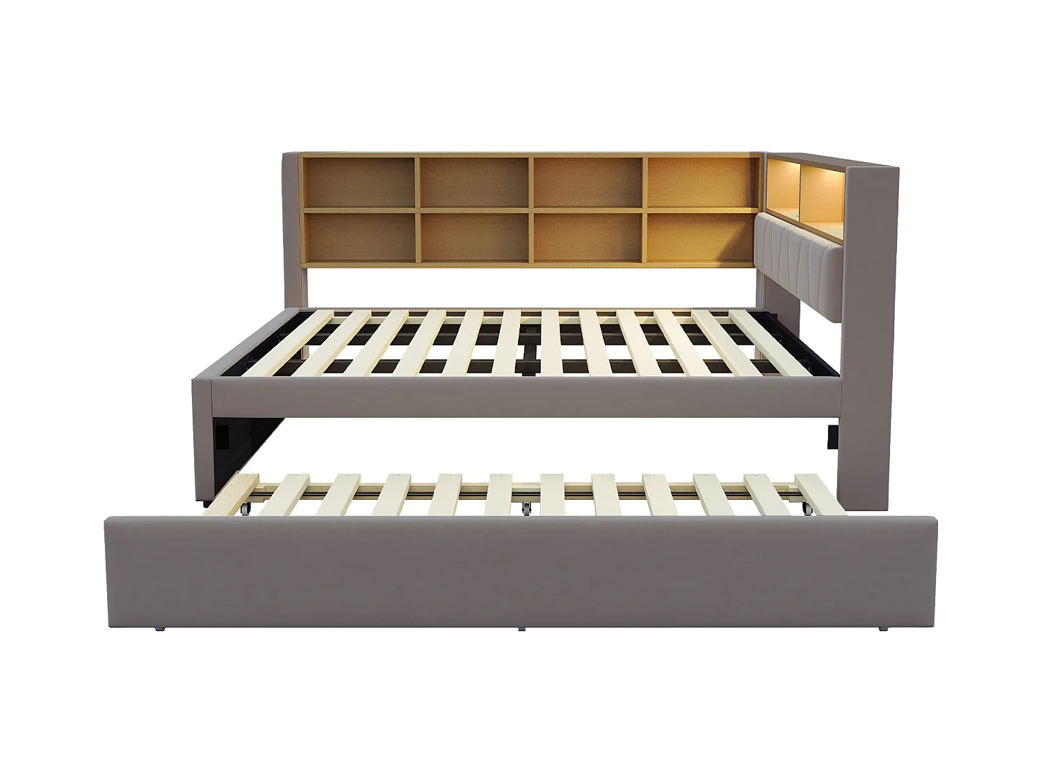 Lit enfant 140x200cm avec LED/USB et étagères de rangement, lit gigogne 90x190cm, en flanelle gris, sans matelas