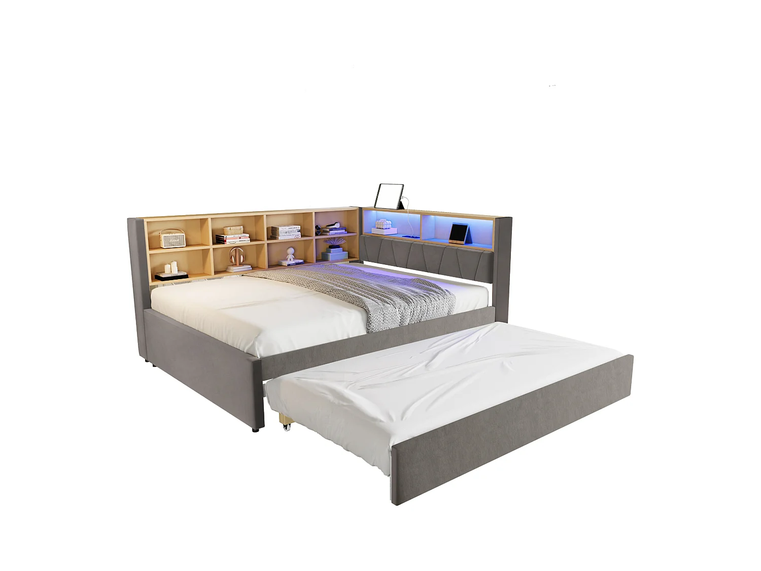 Lit enfant 140x200cm avec LED/USB et étagères de rangement, lit gigogne 90x190cm, en flanelle gris, sans matelas