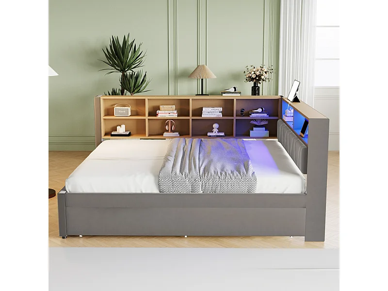 Letto per bambini 140x200 cm con LED/USB e scaffali, letto estraibile 90x190 cm in flanella grigia, senza materasso
