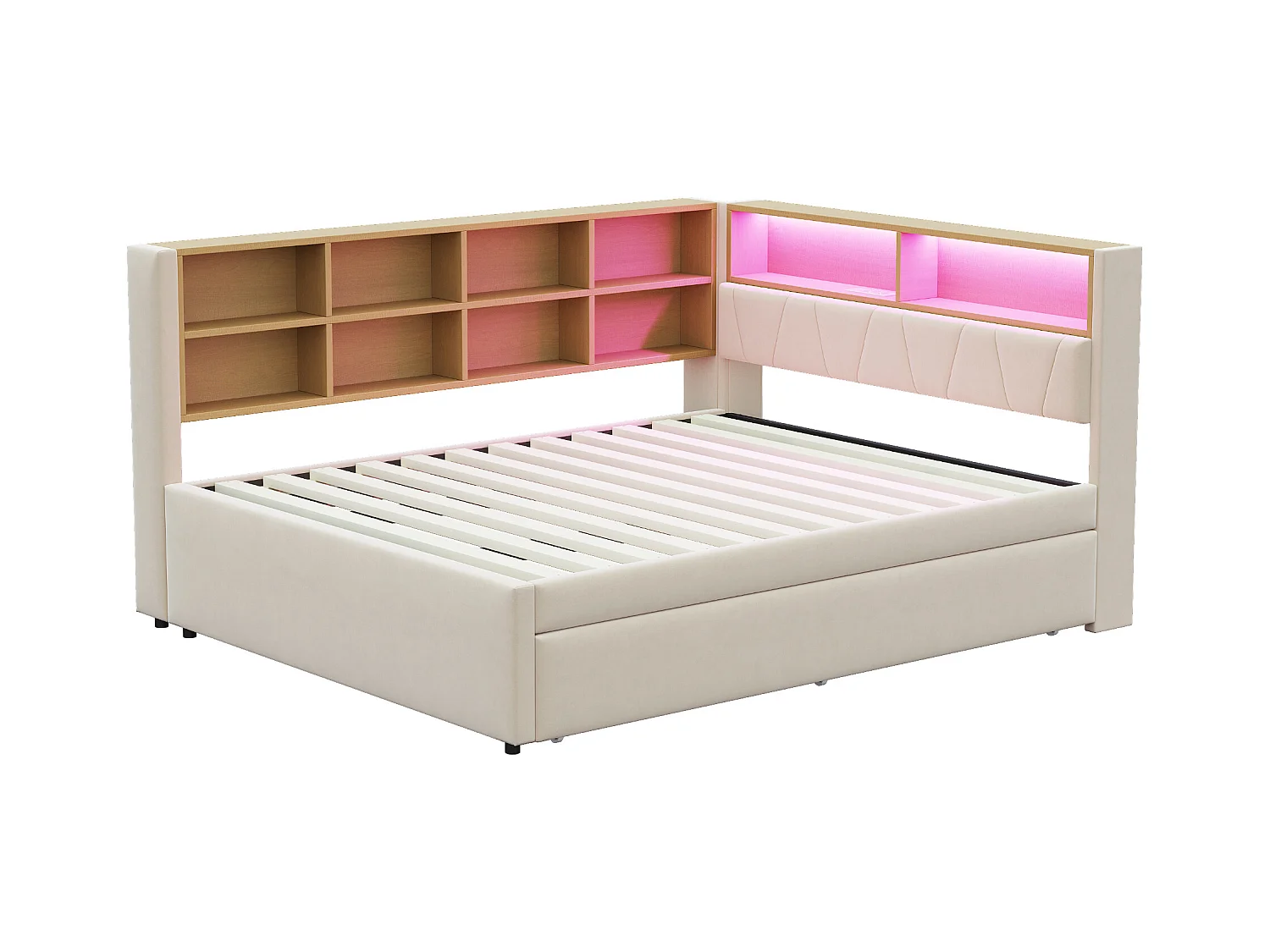 Lit enfant 140x200cm avec LED/USB et étagères de rangement, lit gigogne 90x190cm, en flanelle beige, sans matelas