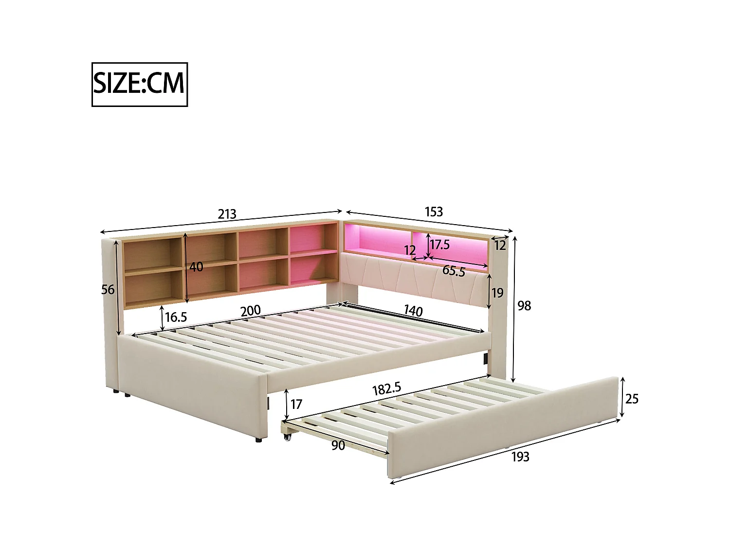 Lit enfant 140x200cm avec LED/USB et étagères de rangement, lit gigogne 90x190cm, en flanelle beige, sans matelas