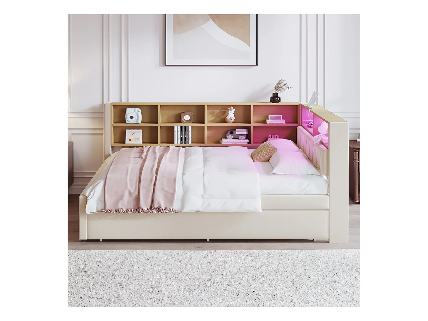 Cama infantil 140x200 cm con LED/USB y estanterías, cama nido 90x190 cm, en franela beige, sin colchón
