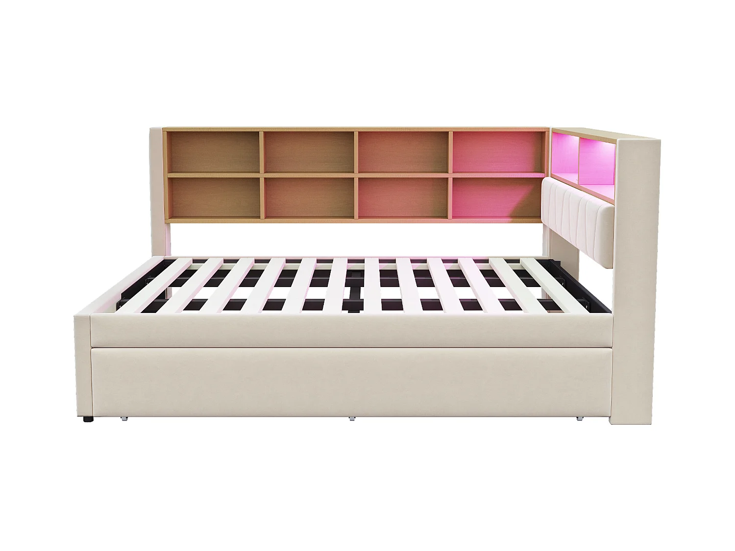 Lit enfant 140x200cm avec LED/USB et étagères de rangement, lit gigogne 90x190cm, en flanelle beige, sans matelas