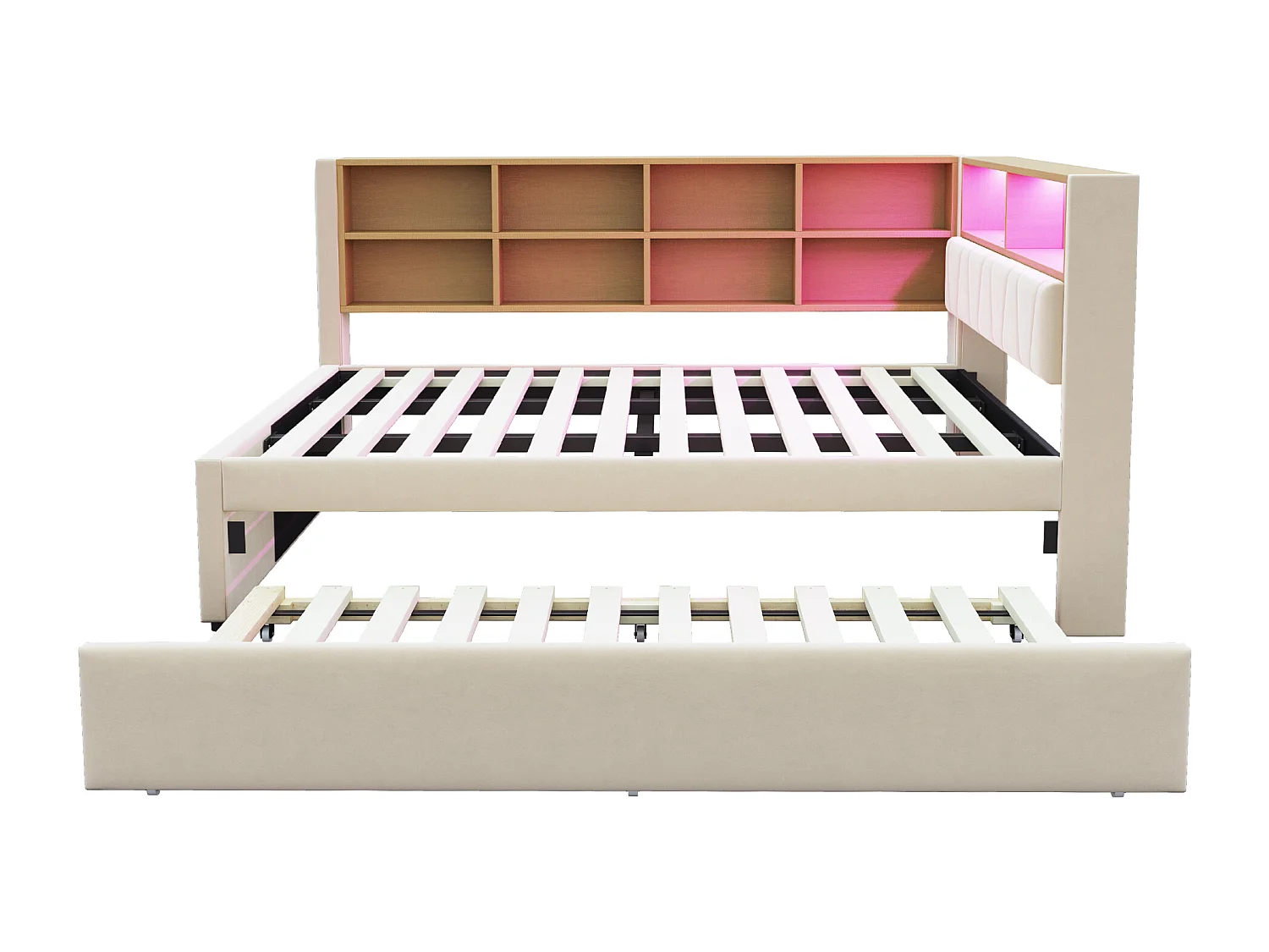 Lit enfant 140x200cm avec LED/USB et étagères de rangement, lit gigogne 90x190cm, en flanelle beige, sans matelas