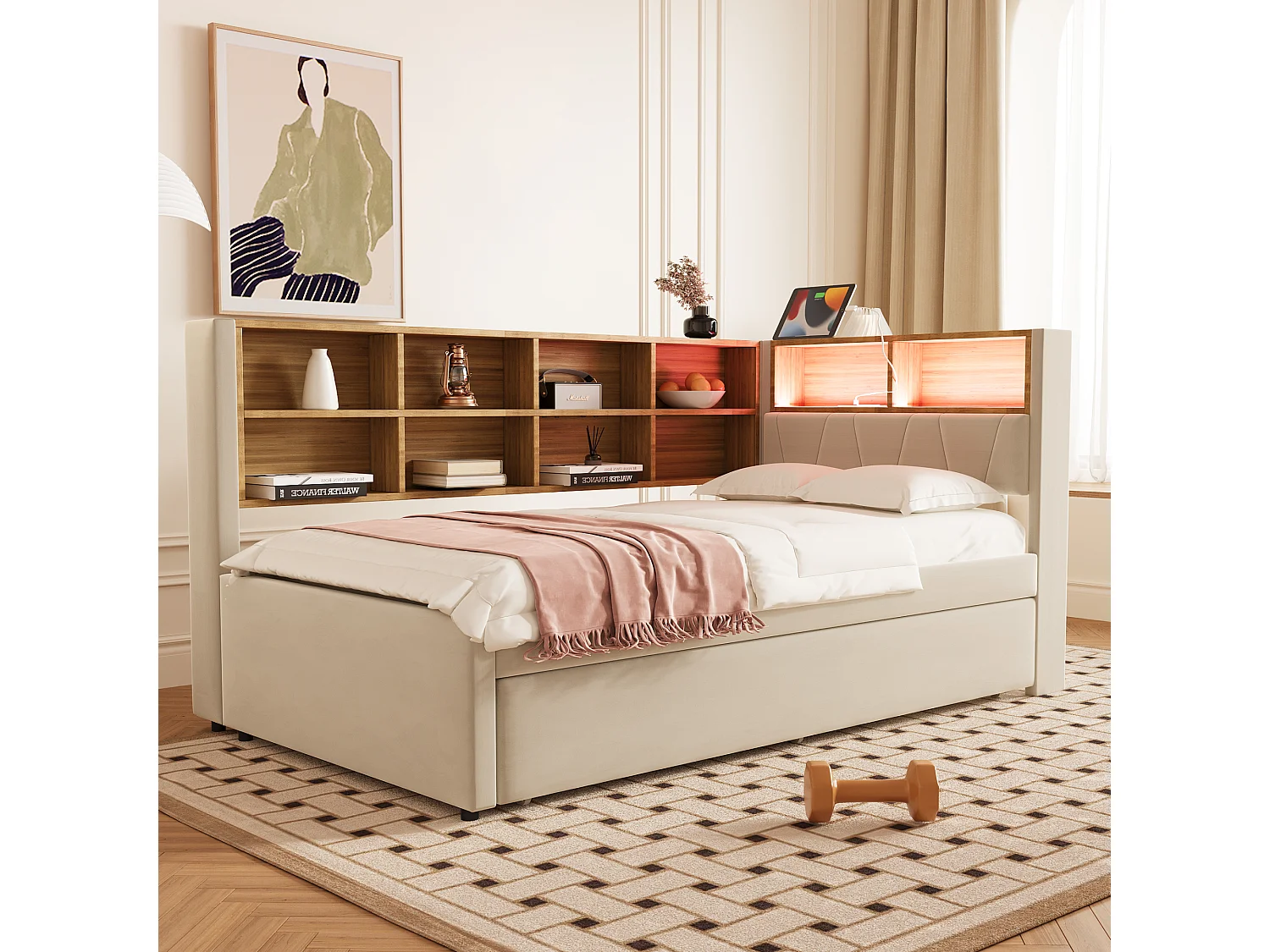 Lit enfant 90x200cm avec LED/USB et étagères de rangement, lit gigogne 90x190cm, en flanelle beige, sans matelas