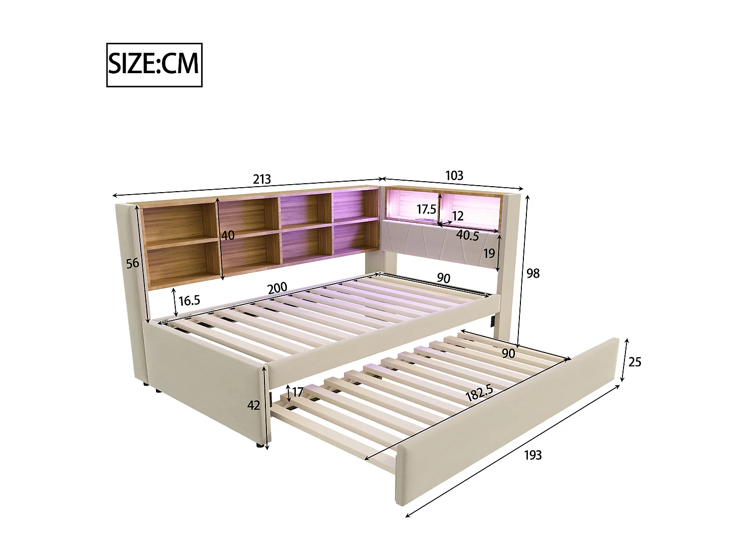 Lit enfant 90x200cm avec LED/USB et étagères de rangement, lit gigogne 90x190cm, en flanelle beige, sans matelas