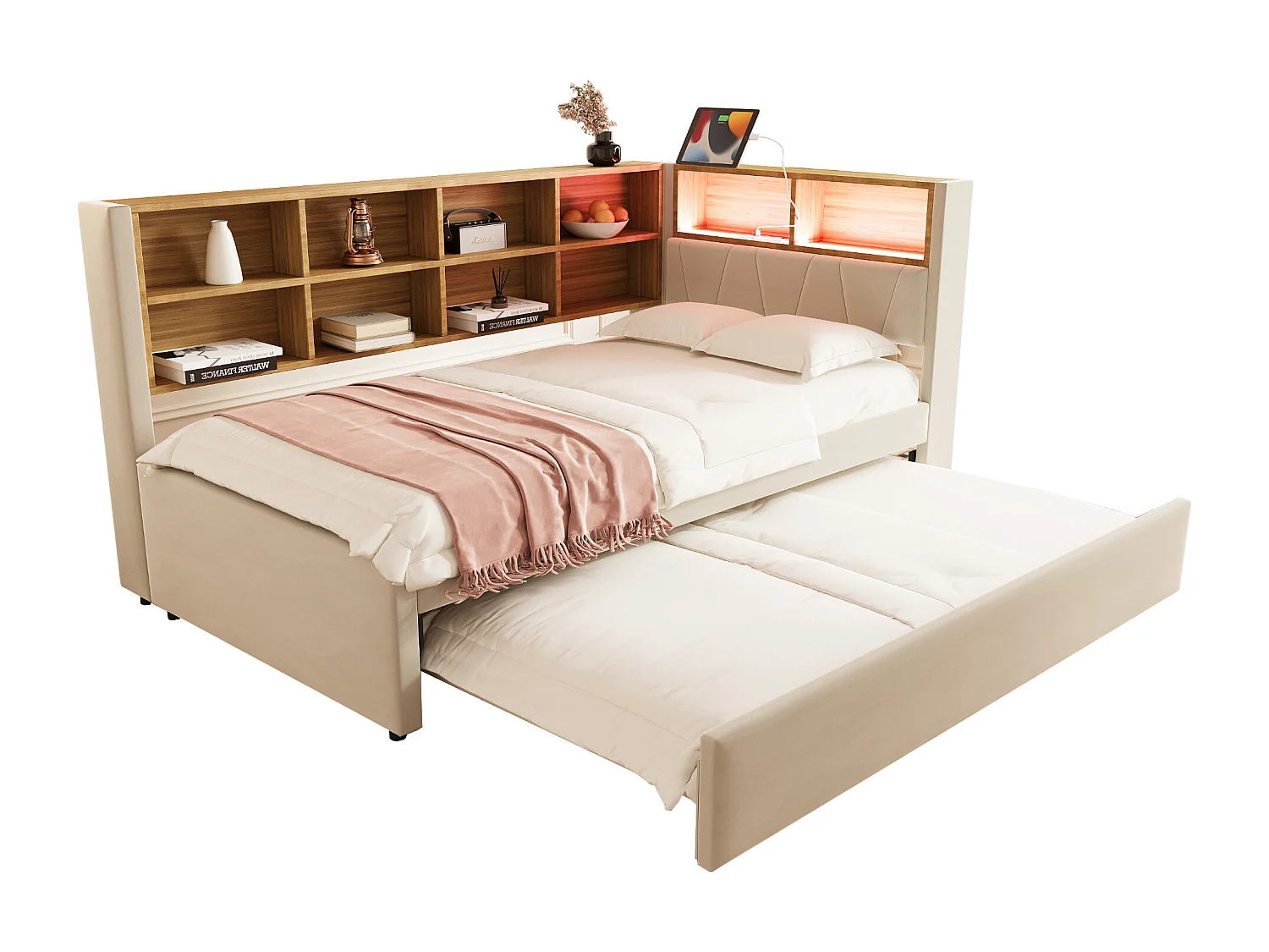 Lit enfant 90x200cm avec LED/USB et étagères de rangement, lit gigogne 90x190cm, en flanelle beige, sans matelas