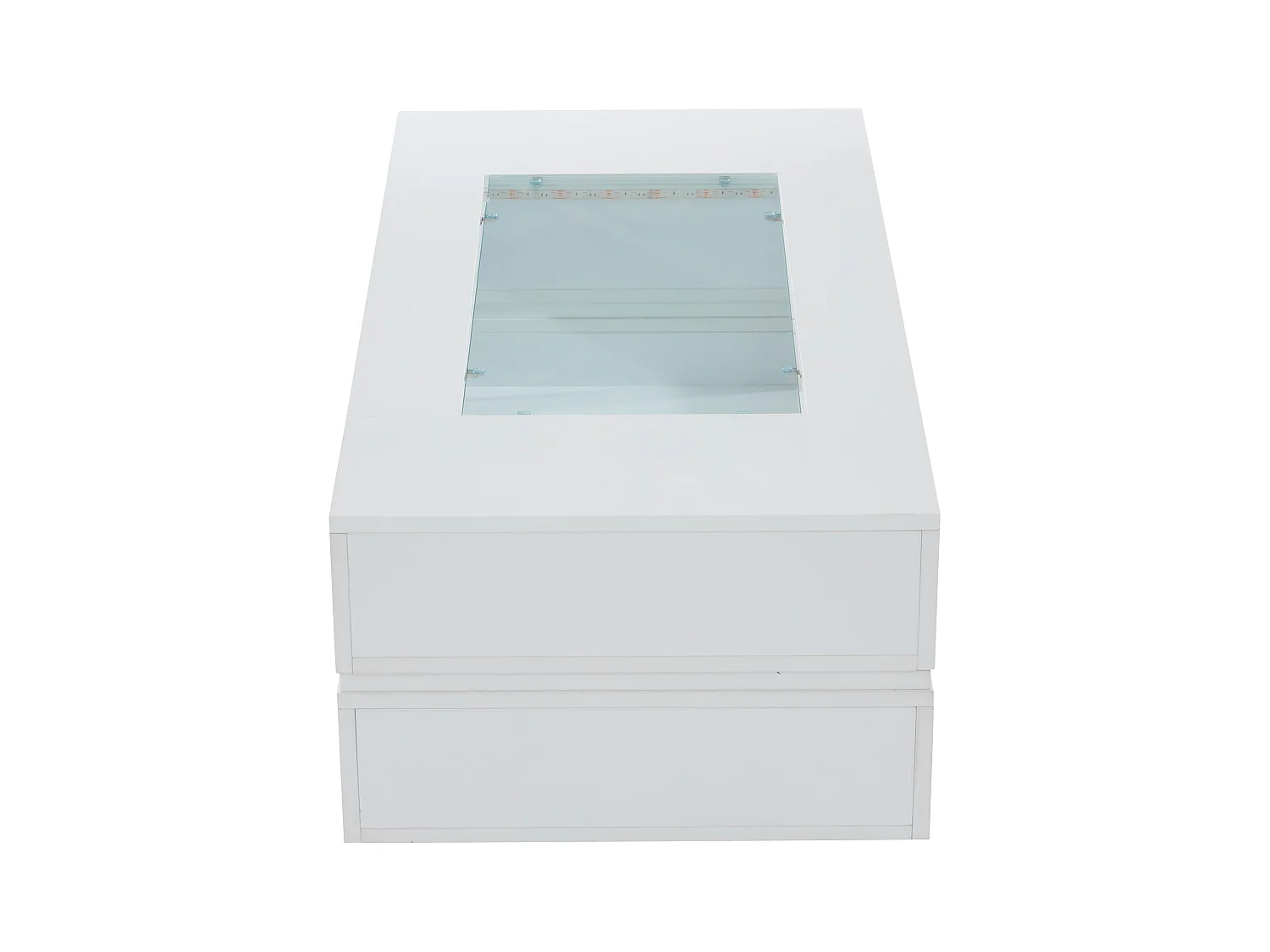 Table basse moderne avec LED, palteau en structure creuse avec verre, surface blanc laqué