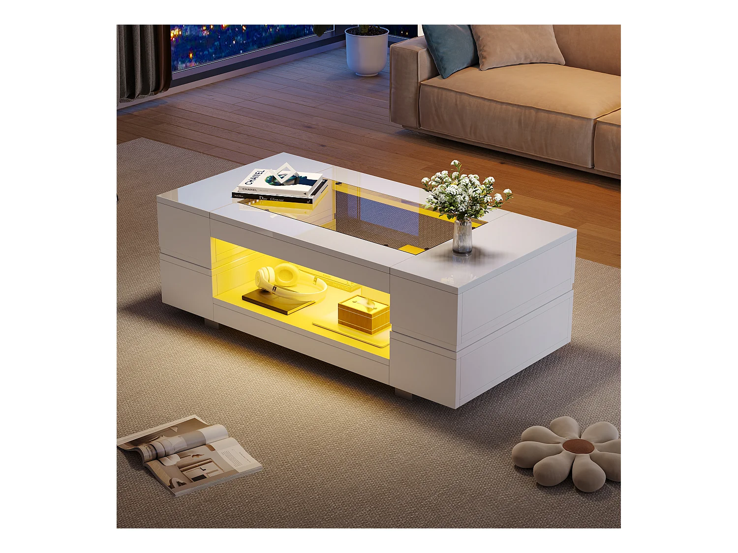 Table basse moderne avec LED, palteau en structure creuse avec verre, surface blanc laqué