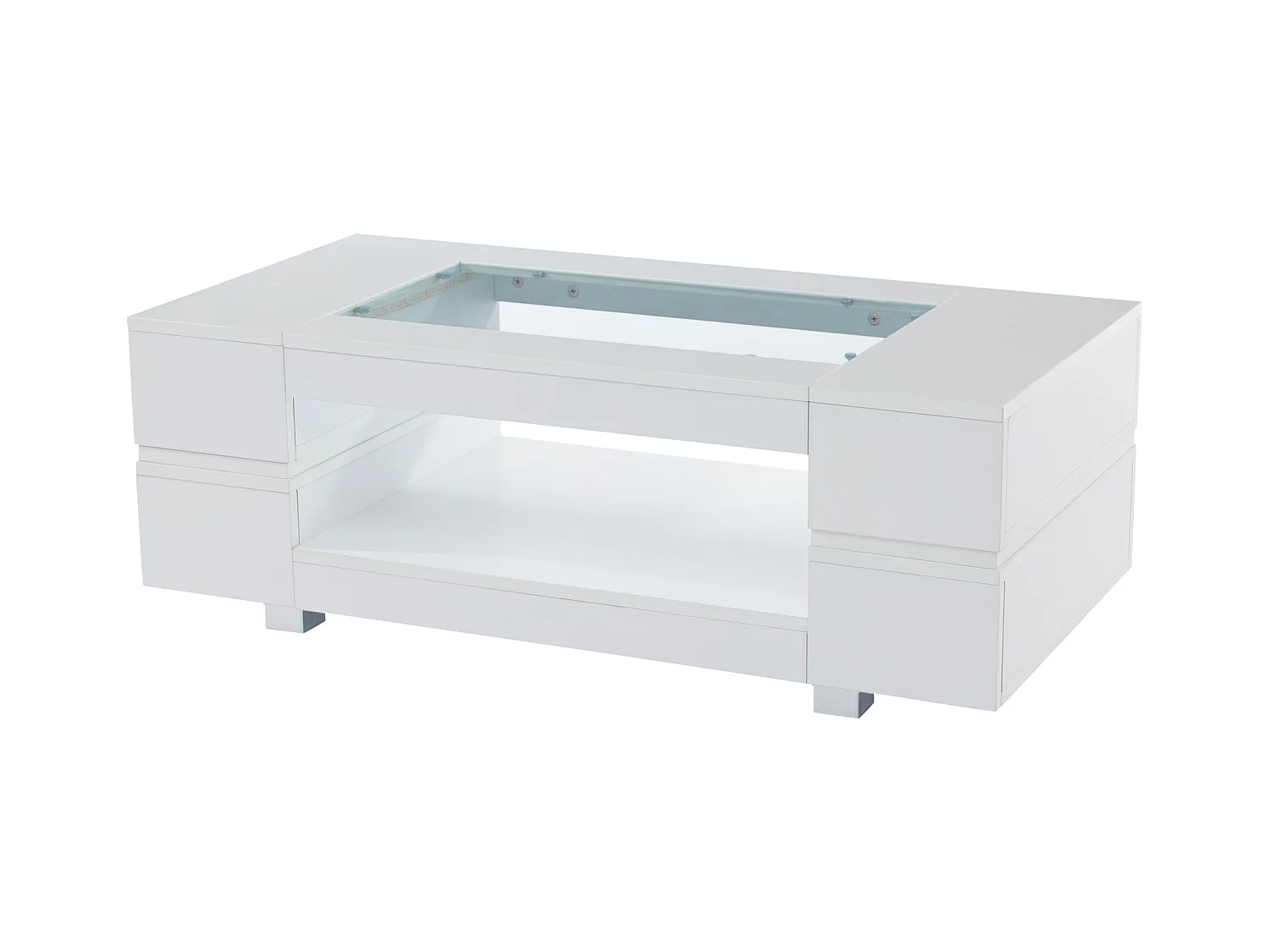 Table basse moderne avec LED, palteau en structure creuse avec verre, surface blanc laqué