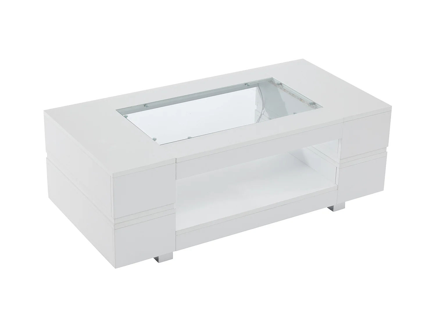 Table basse moderne avec LED, palteau en structure creuse avec verre, surface blanc laqué