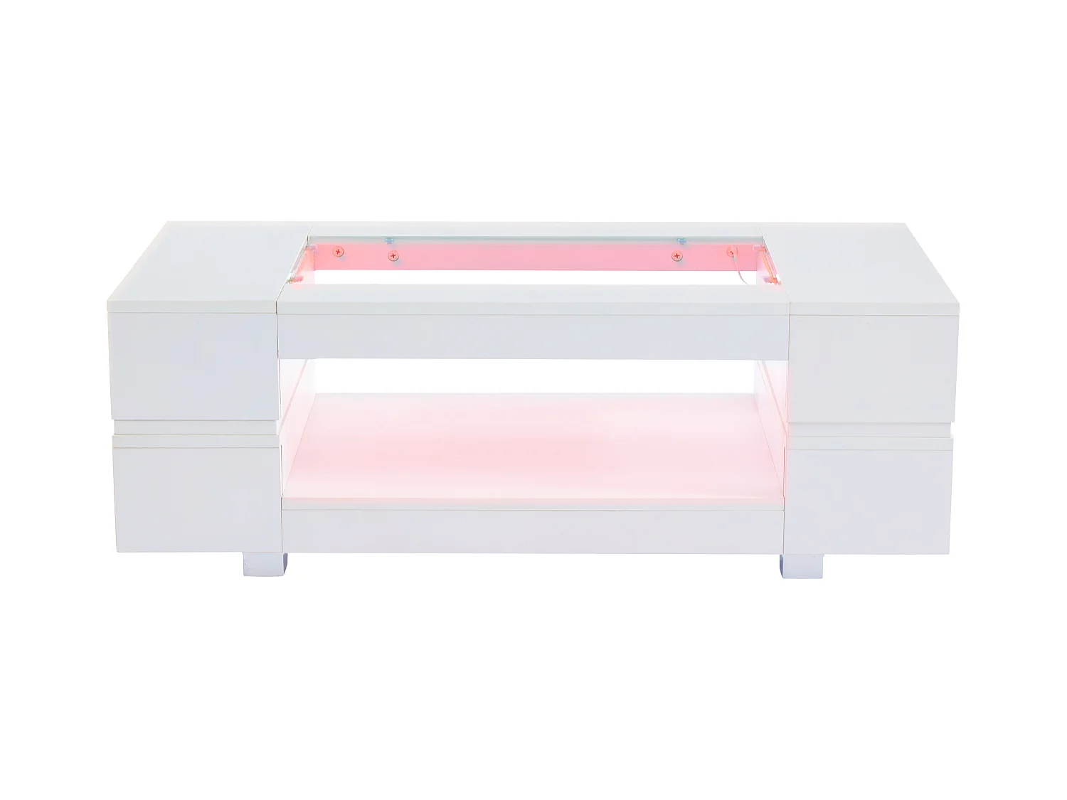 Table basse moderne avec LED, palteau en structure creuse avec verre, surface blanc laqué