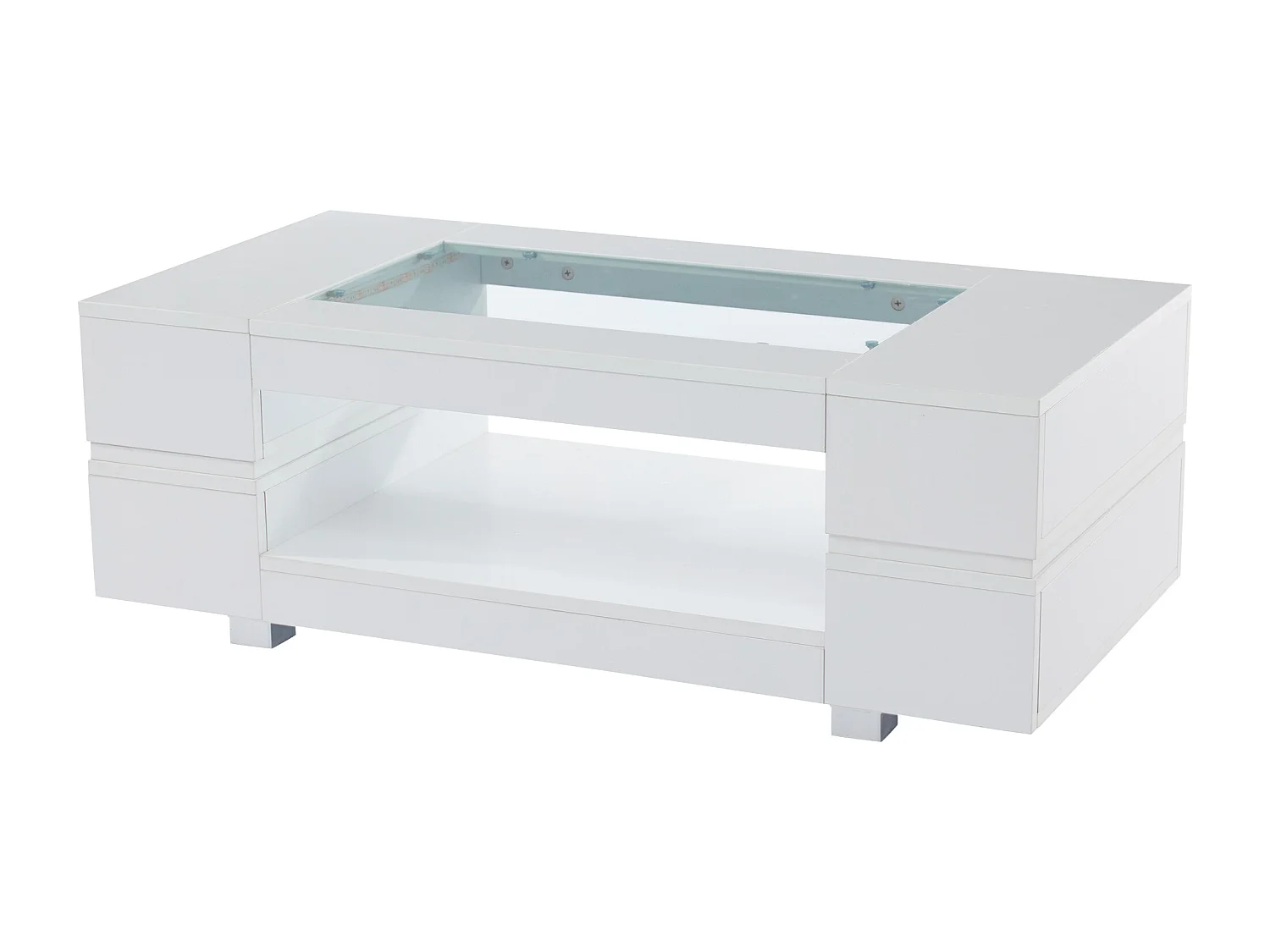 Table basse moderne avec LED, palteau en structure creuse avec verre, surface blanc laqué