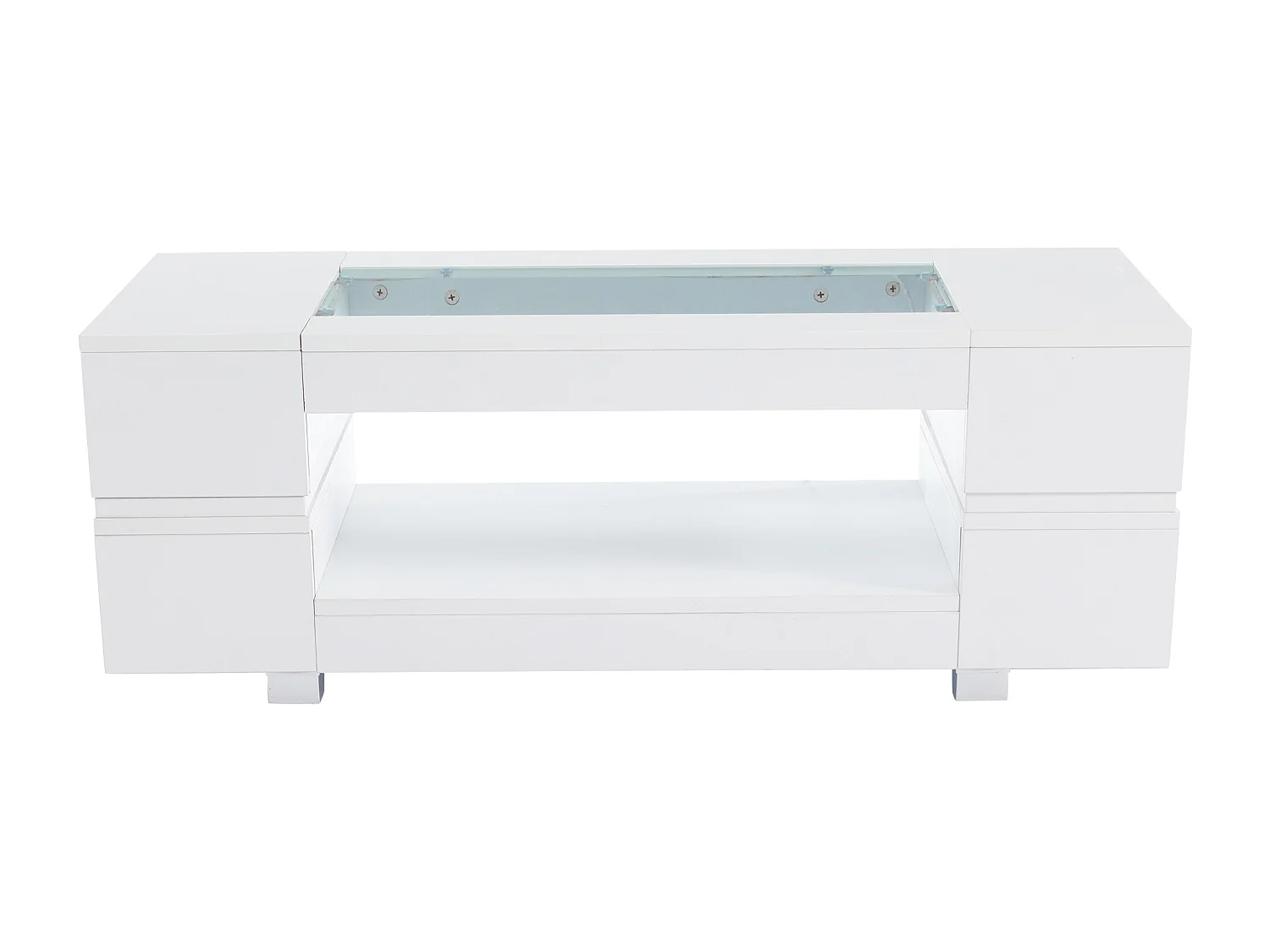 Table basse moderne avec LED, palteau en structure creuse avec verre, surface blanc laqué