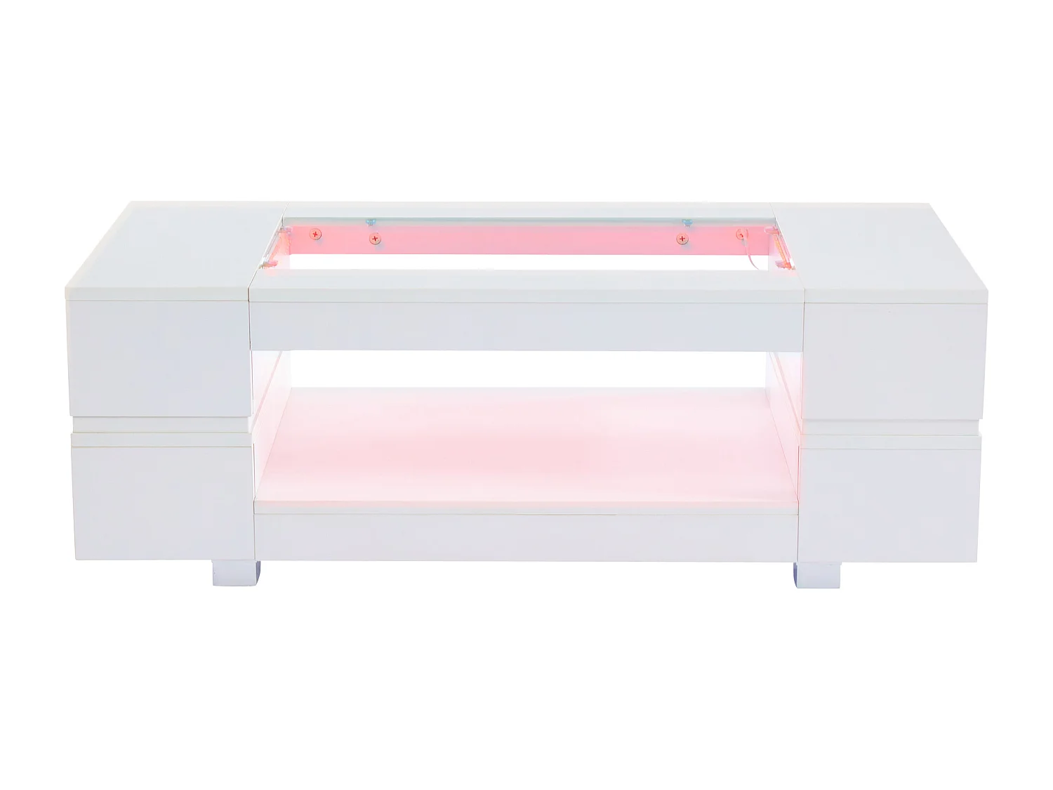 Table basse moderne avec LED, palteau en structure creuse avec verre, surface blanc laqué