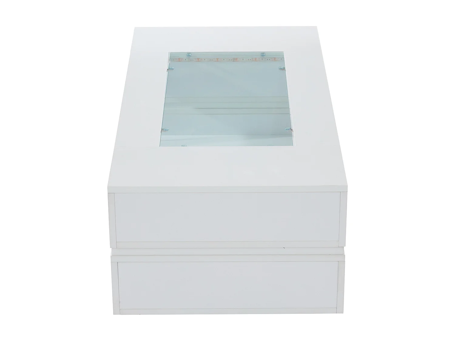 Table basse moderne avec LED, palteau en structure creuse avec verre, surface blanc laqué