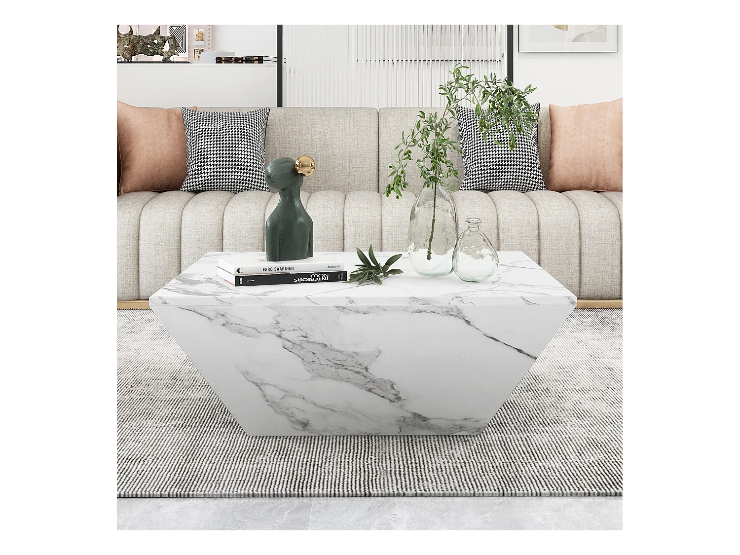 Table basse moderne avec 2 tiroirs en placage marbre blanc, en forme de trapézoïdale