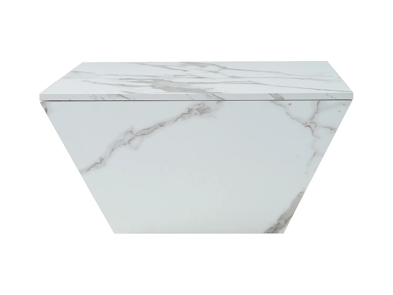 Table basse moderne avec 2 tiroirs en placage marbre blanc, en forme de trapézoïdale