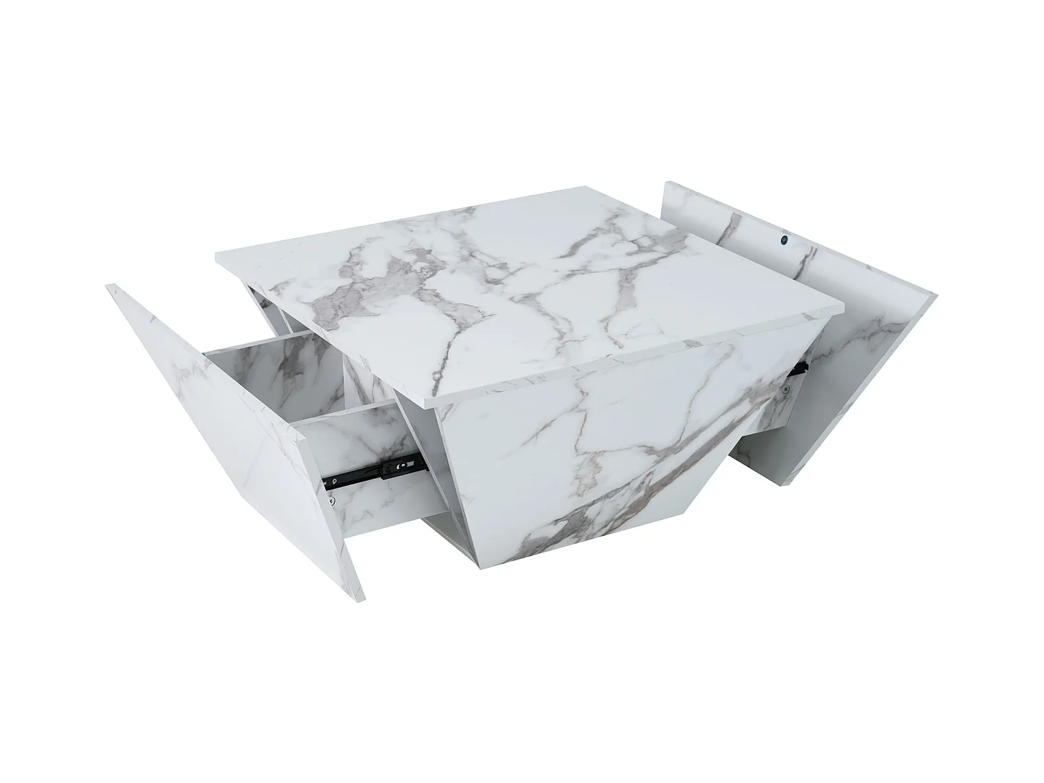 Table basse moderne avec 2 tiroirs en placage marbre blanc, en forme de trapézoïdale