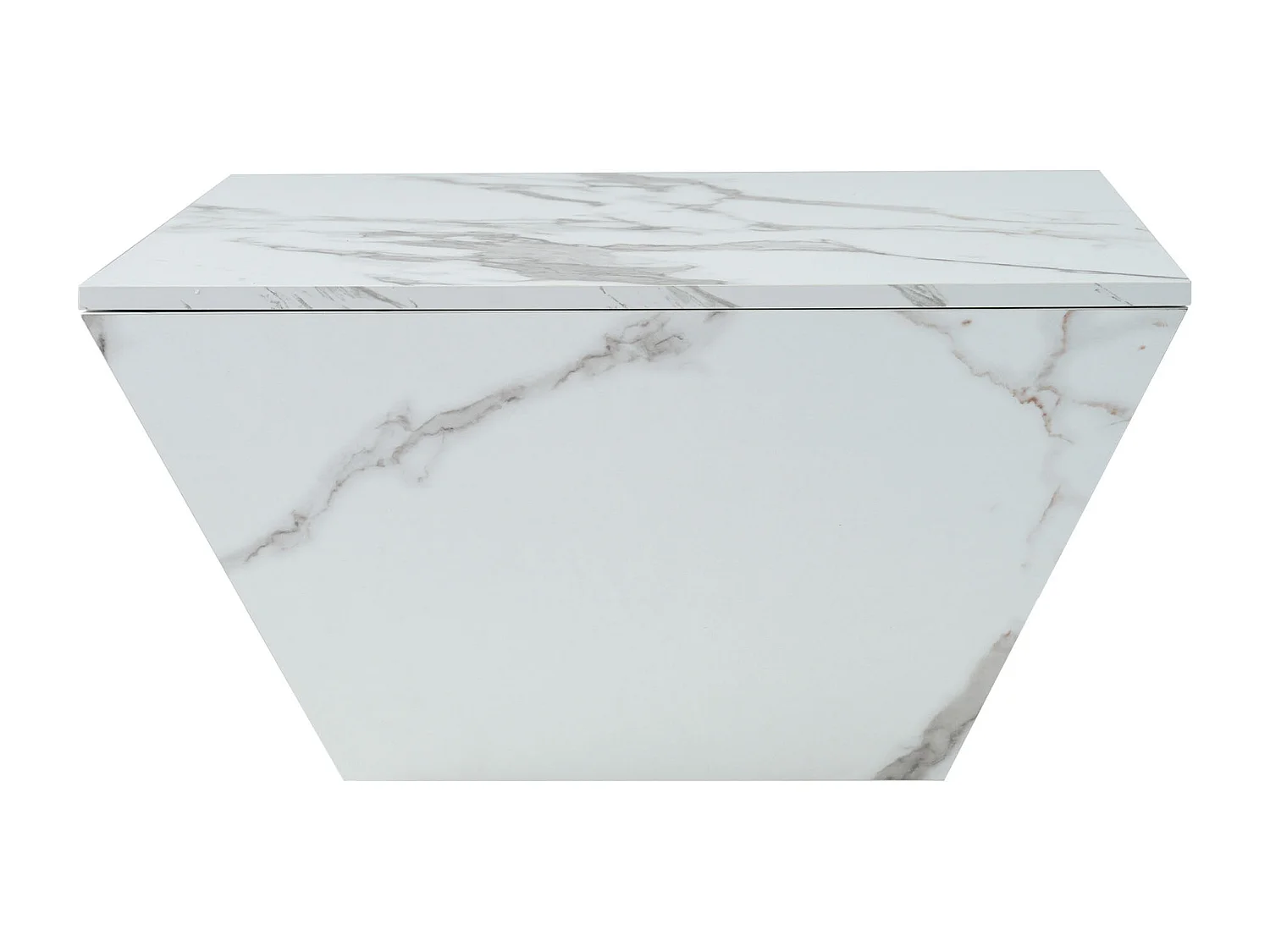 Table basse moderne avec 2 tiroirs en placage effet marbre blanc, en forme de trapézoïdale