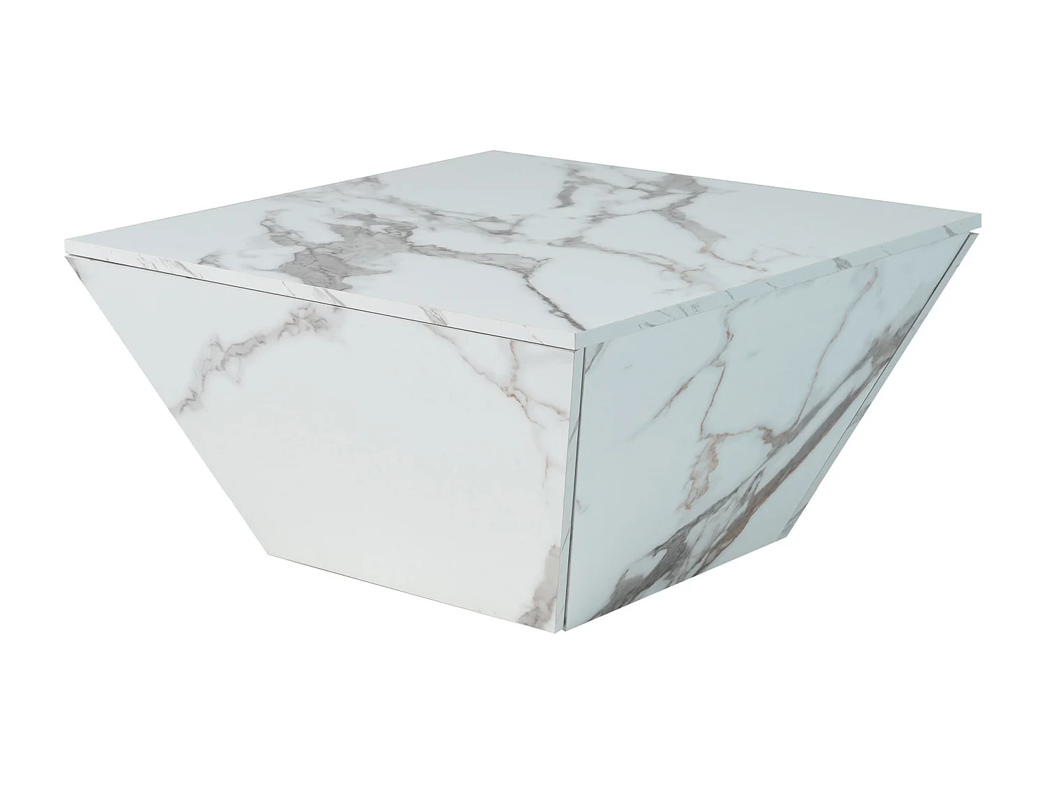 Table basse moderne avec 2 tiroirs en placage effet marbre blanc, en forme de trapézoïdale