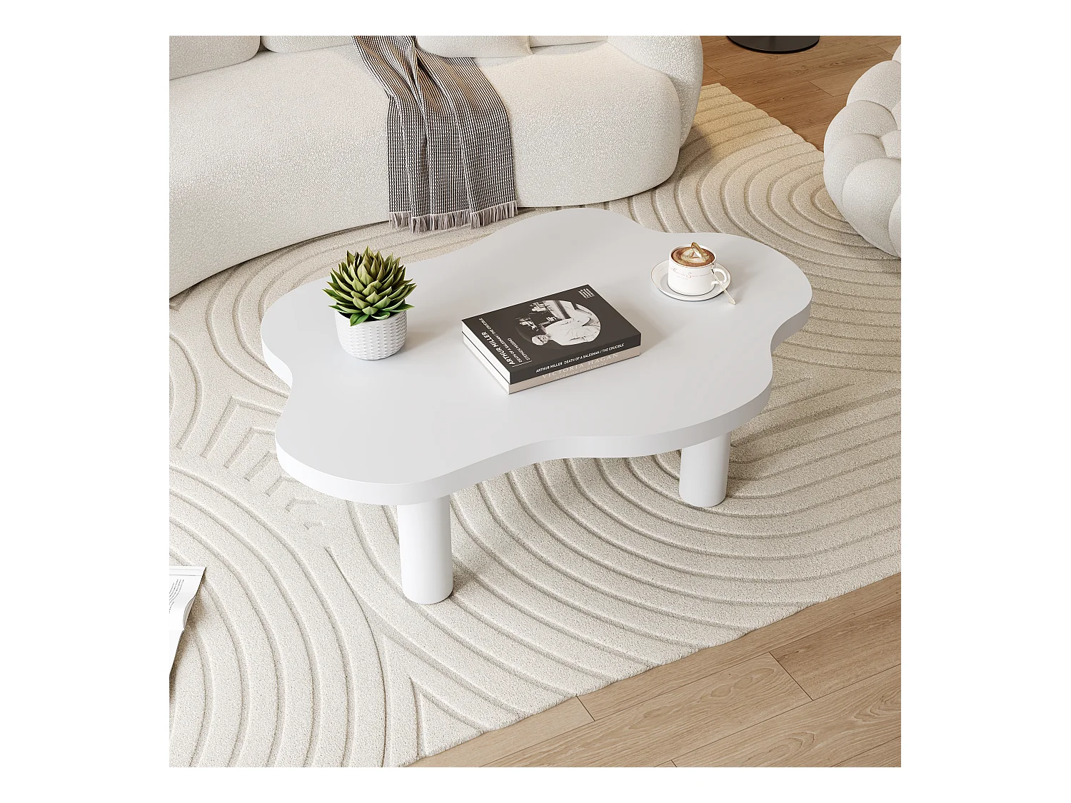 Table basse moderne en MDF blanc, plateau en forme de nuage