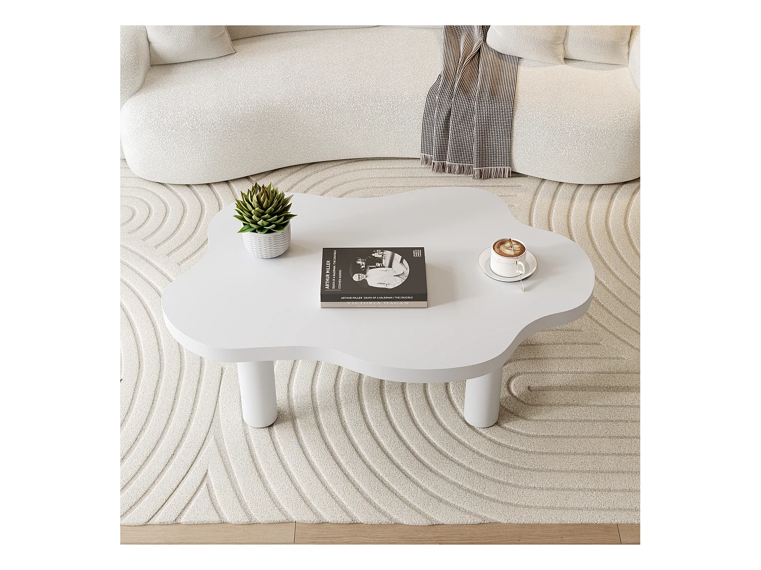 Table basse moderne en MDF blanc, plateau en forme de nuage