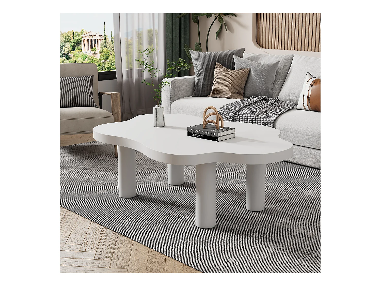 Table basse moderne en MDF blanc, plateau en forme de nuage