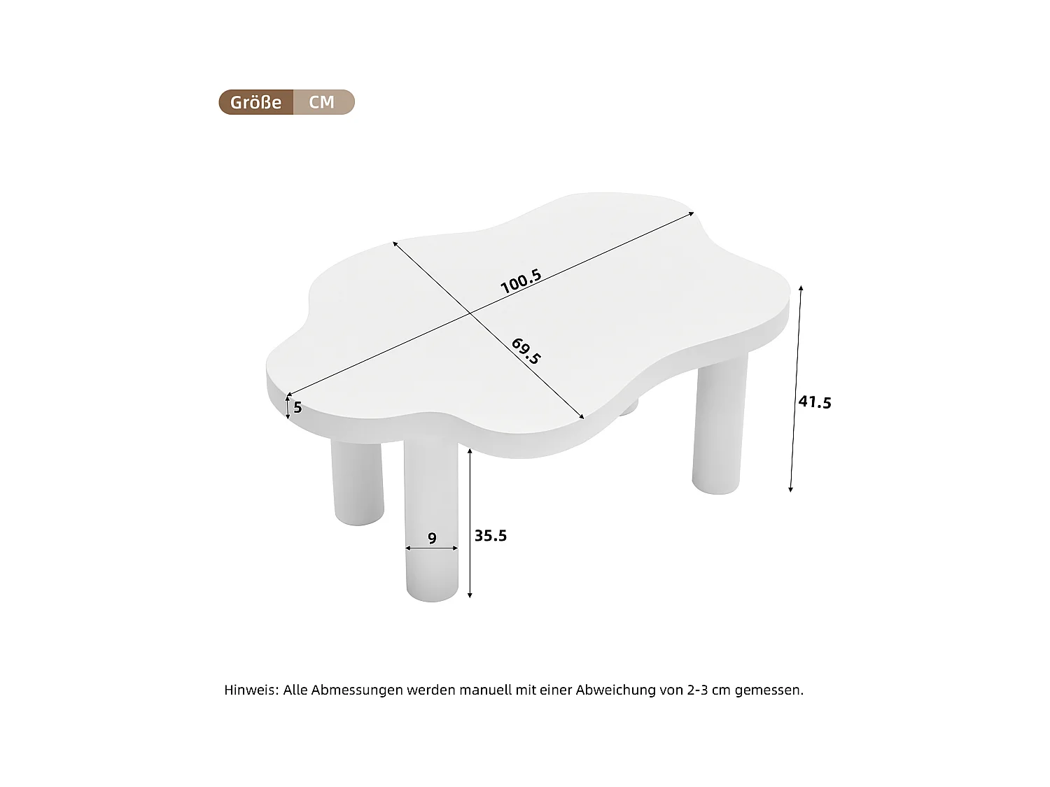 Table basse moderne en MDF blanc, plateau en forme de nuage
