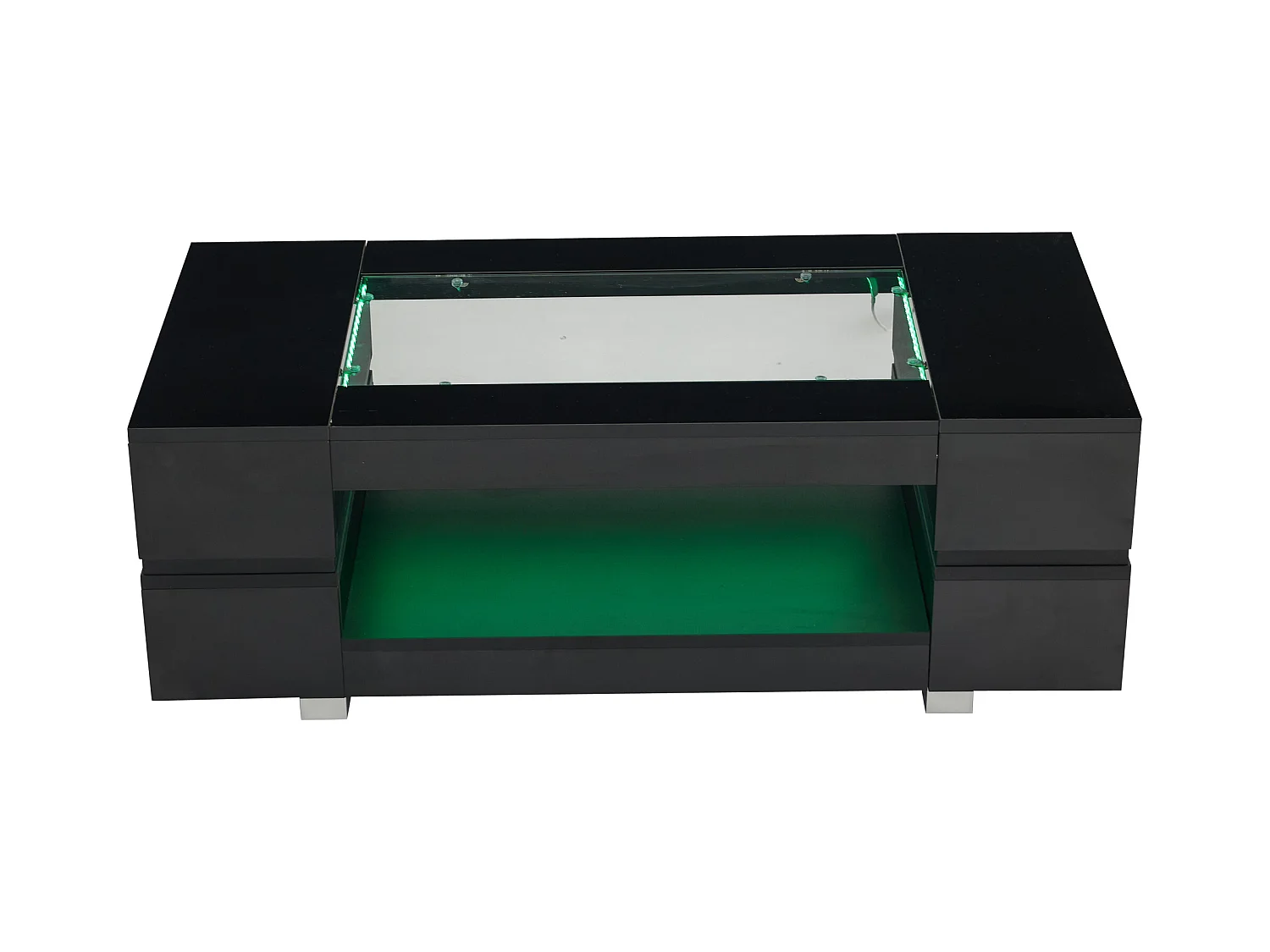 Mesa de centro moderna com LED, tampo de estrutura oca com vidro, superfície lacada a preto