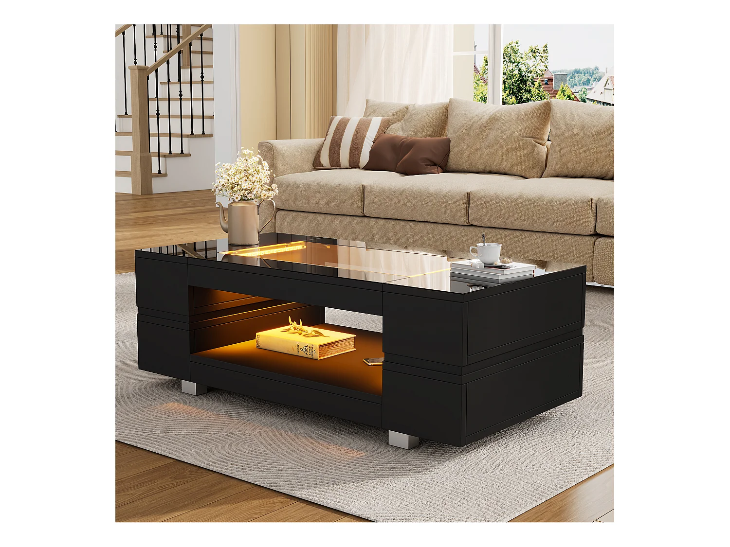 Table basse moderne avec LED, palteau en structure creuse avec verre, surface noir laqué
