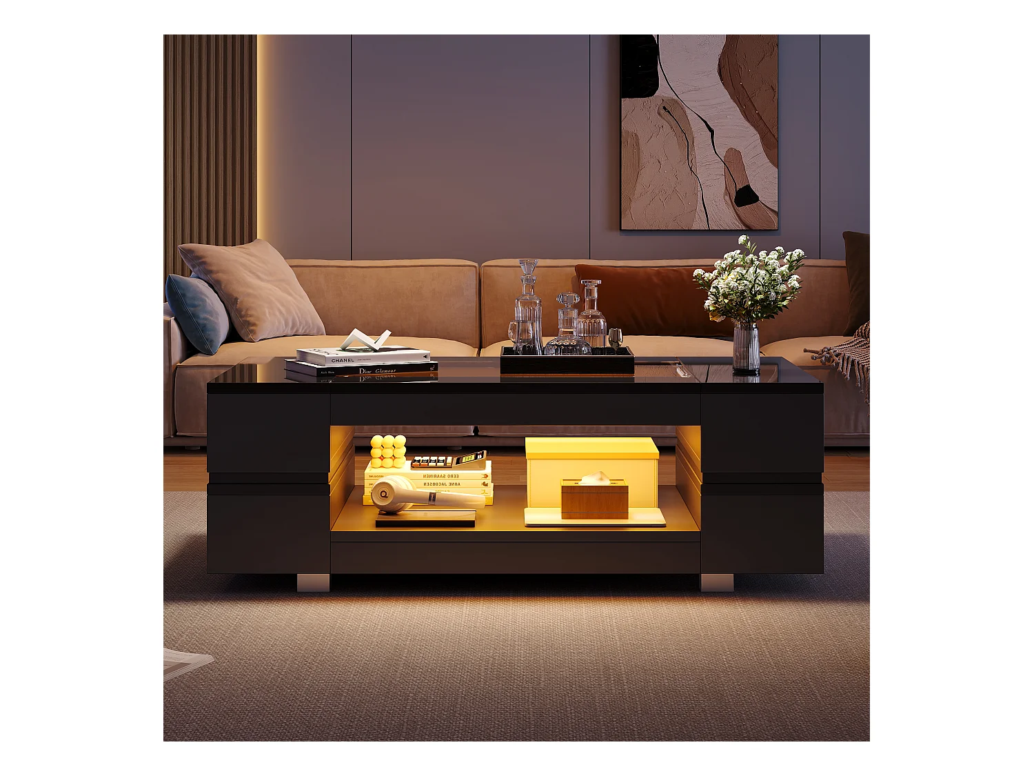 Table basse moderne avec LED, palteau en structure creuse avec verre, surface noir laqué