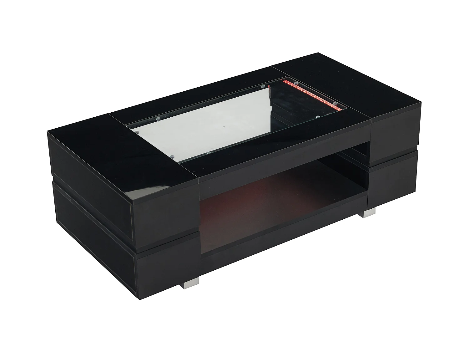 Table basse moderne avec LED, palteau en structure creuse avec verre, surface noir laqué