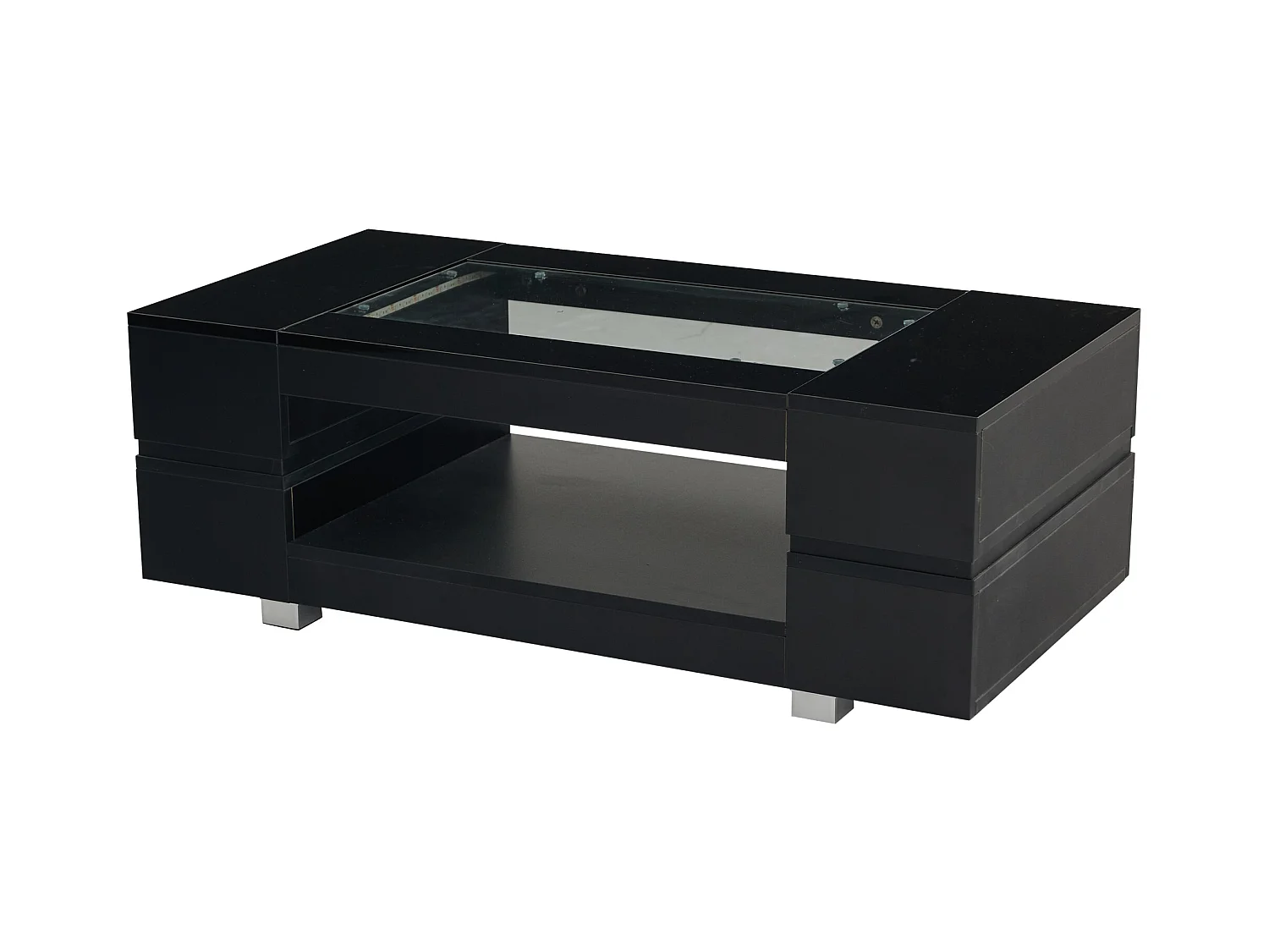 Table basse moderne avec LED, palteau en structure creuse avec verre, surface noir laqué