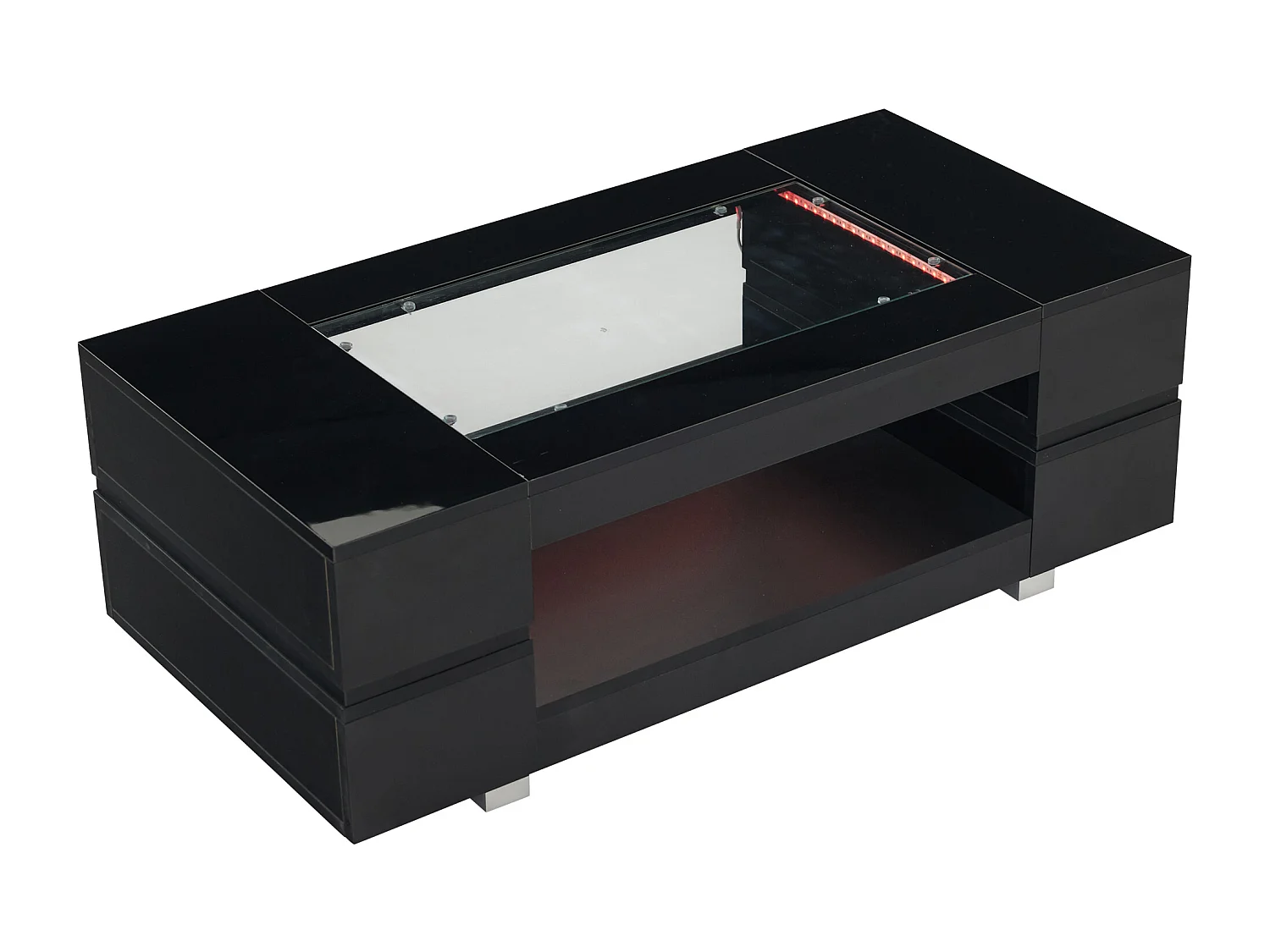 Table basse moderne avec LED, palteau en structure creuse avec verre, surface noir laqué