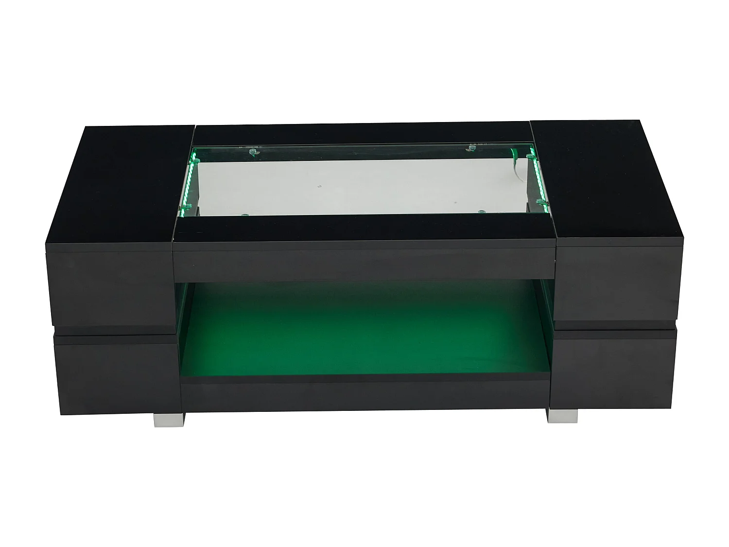 Table basse moderne avec LED, palteau en structure creuse avec verre, surface noir laqué