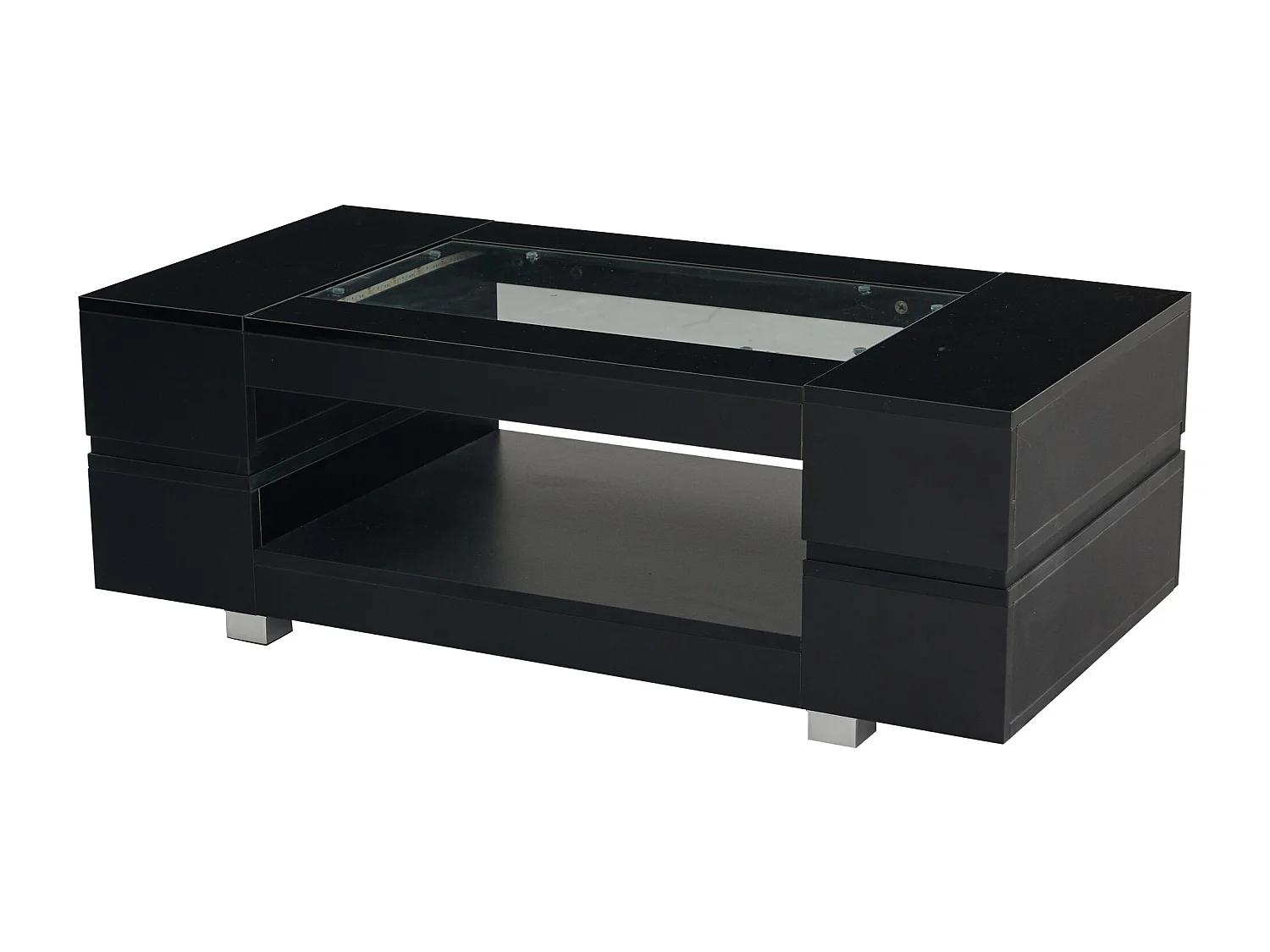 Table basse moderne avec LED, palteau en structure creuse avec verre, surface noir laqué