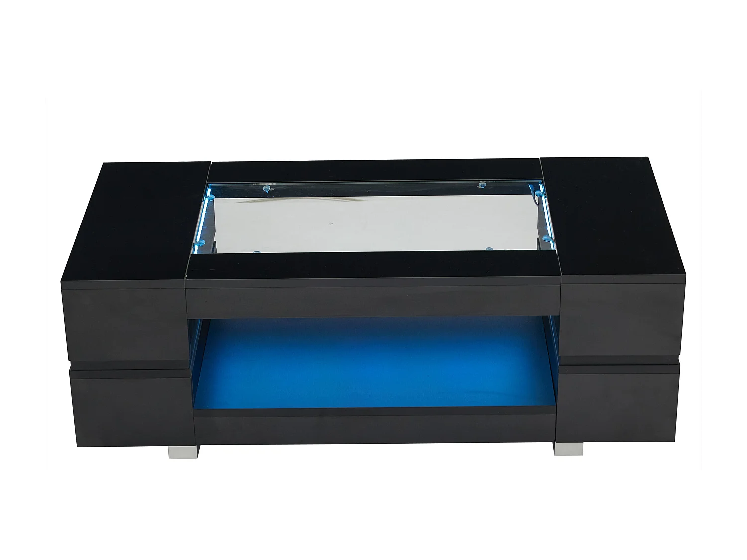 Table basse moderne avec LED, palteau en structure creuse avec verre, surface noir laqué