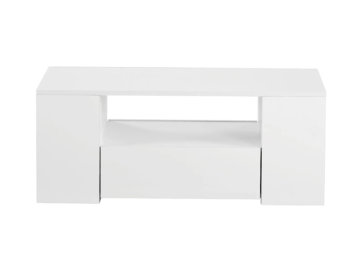 Table basse moderne avec 2 tiroirs et étagères, LED, blanc laqué
