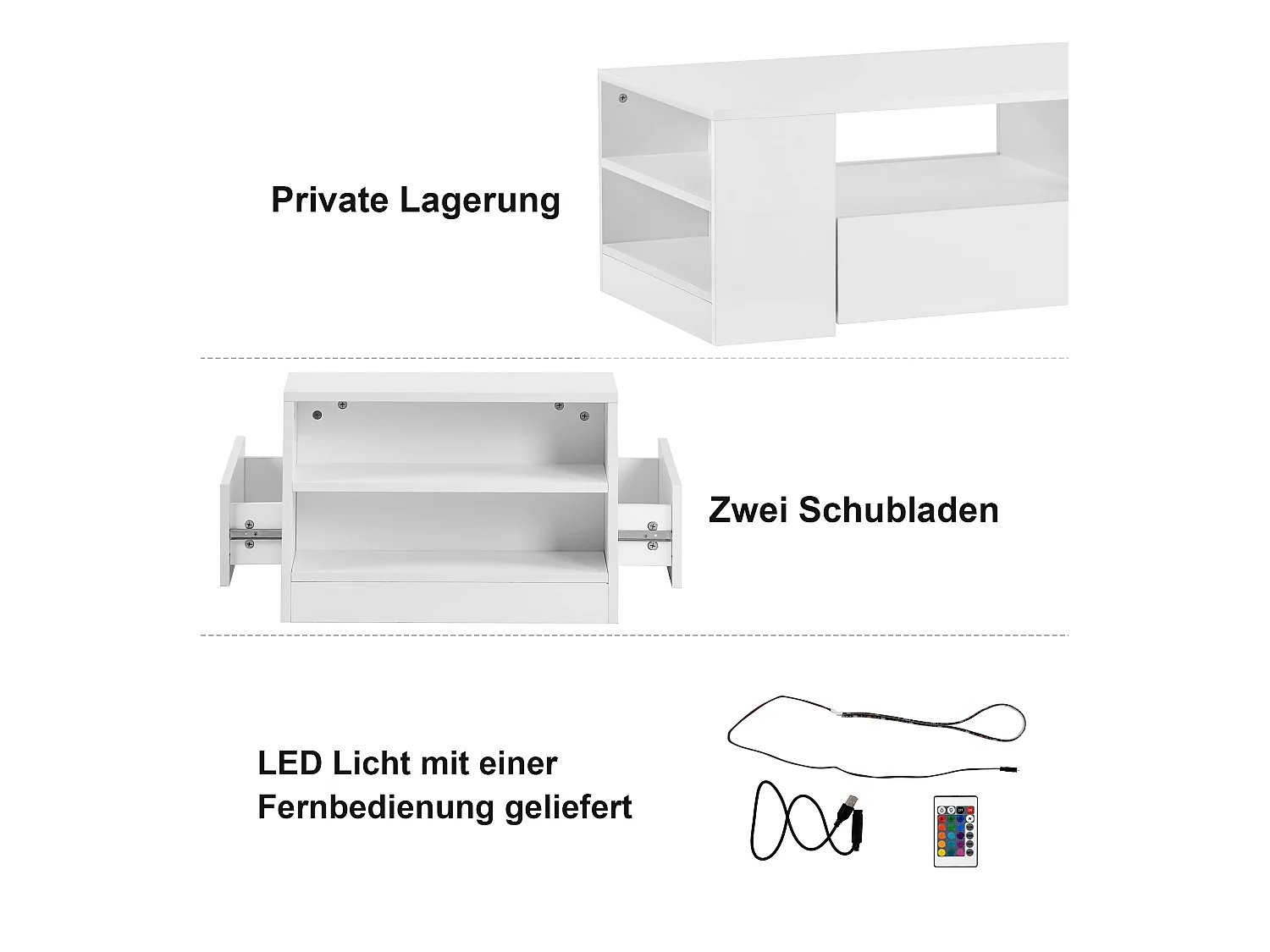 Table basse moderne avec 2 tiroirs et étagères, LED, blanc laqué
