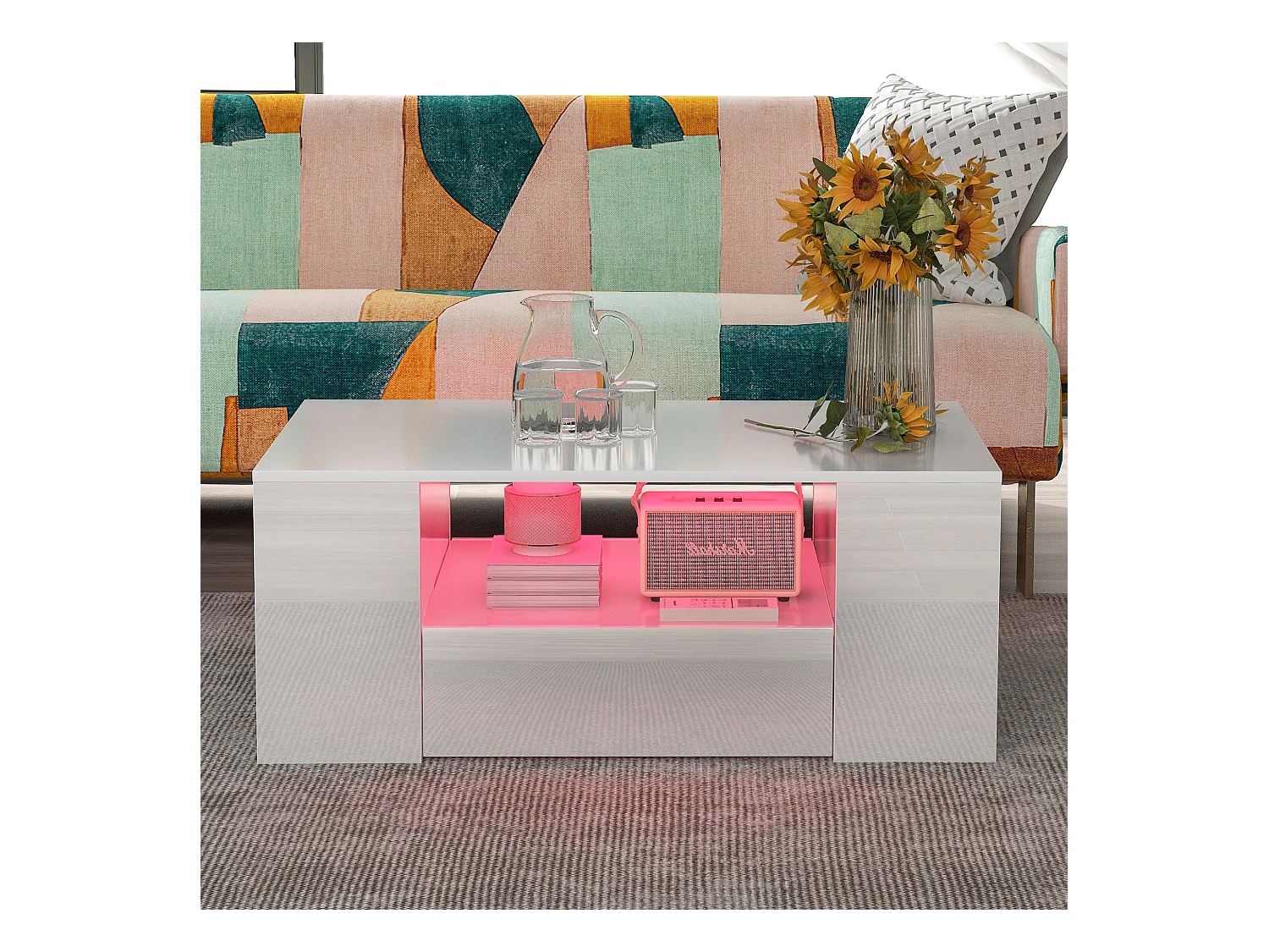 Table basse moderne avec 2 tiroirs et étagères, LED, blanc laqué
